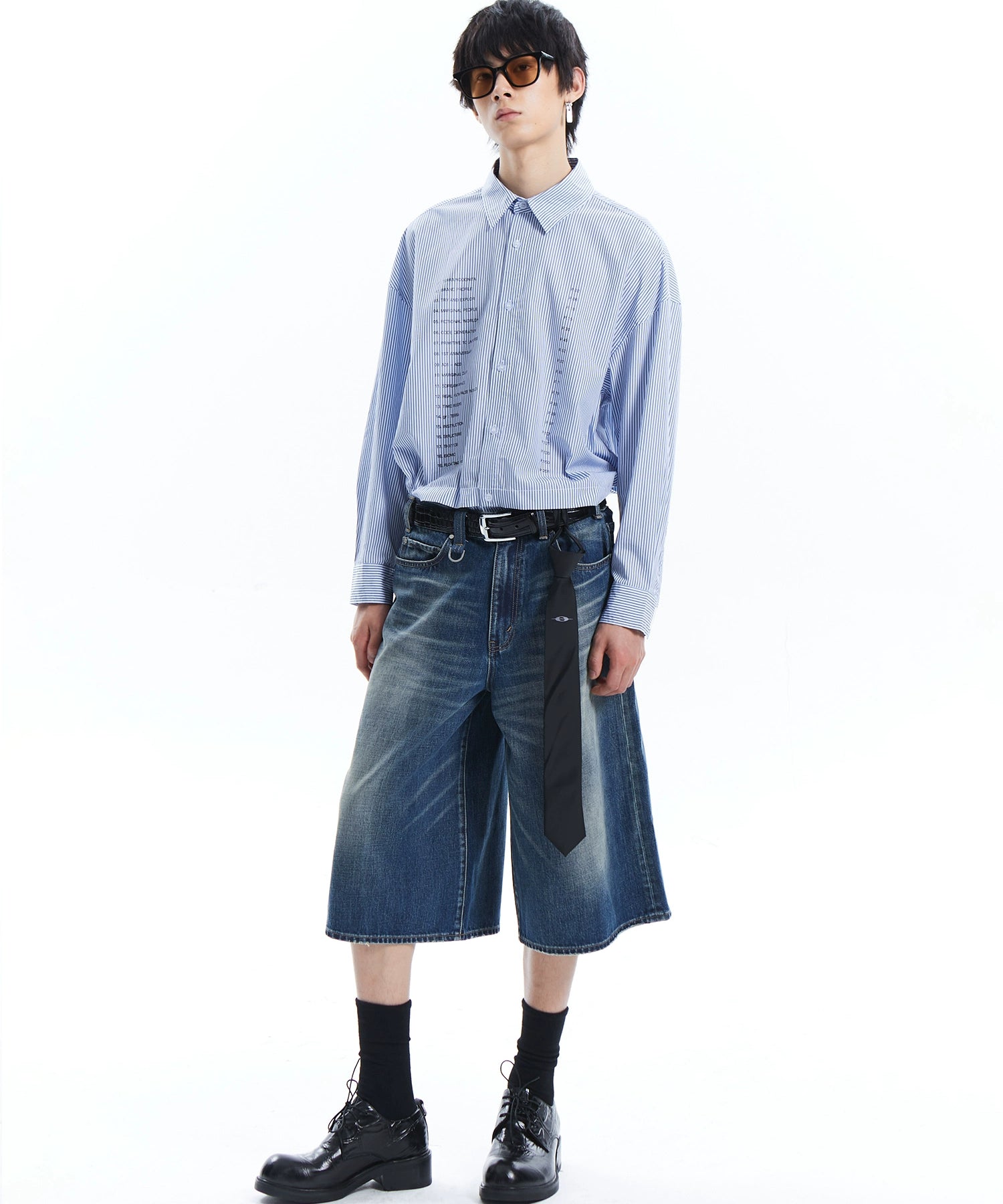 邓为明星同款宽松廓形水洗复古做旧七分牛仔短裤TERRAINCOGNITA