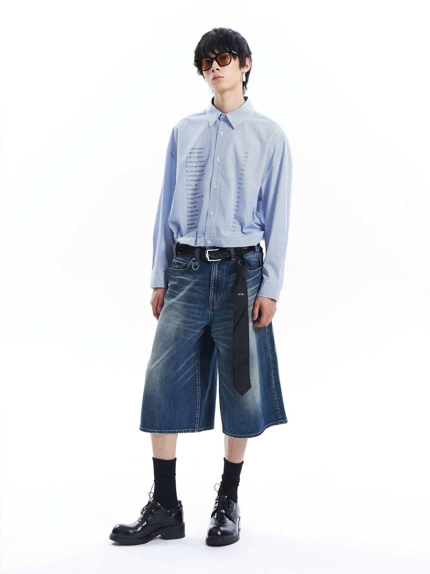 邓为明星同款宽松廓形水洗复古做旧七分牛仔短裤TERRAINCOGNITA