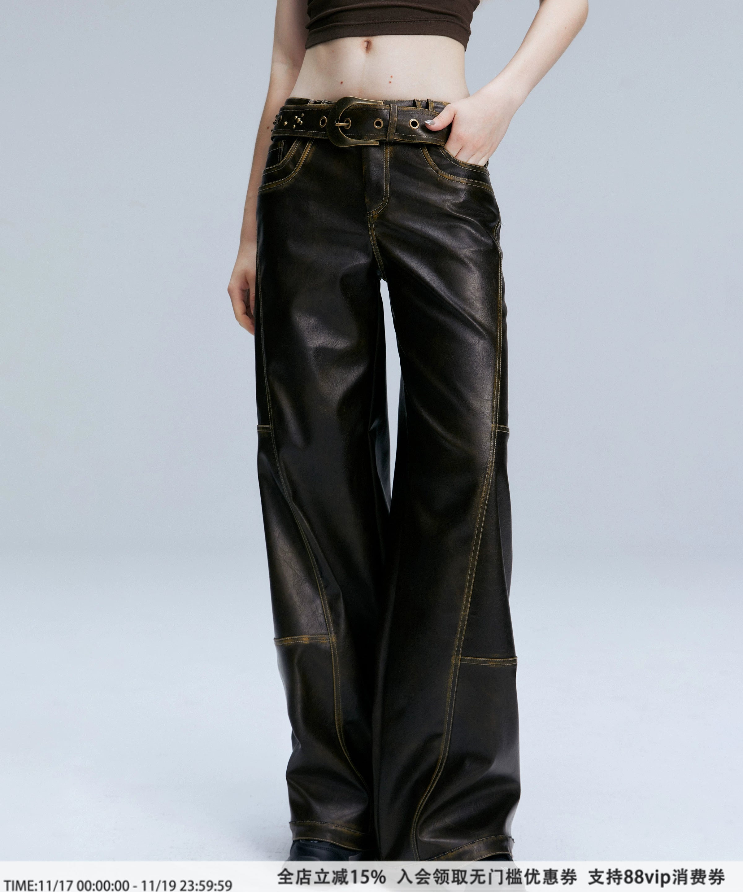 2th Desire原创复古棕色宽松百搭直筒裤子美式长裤低腰pu皮裤女