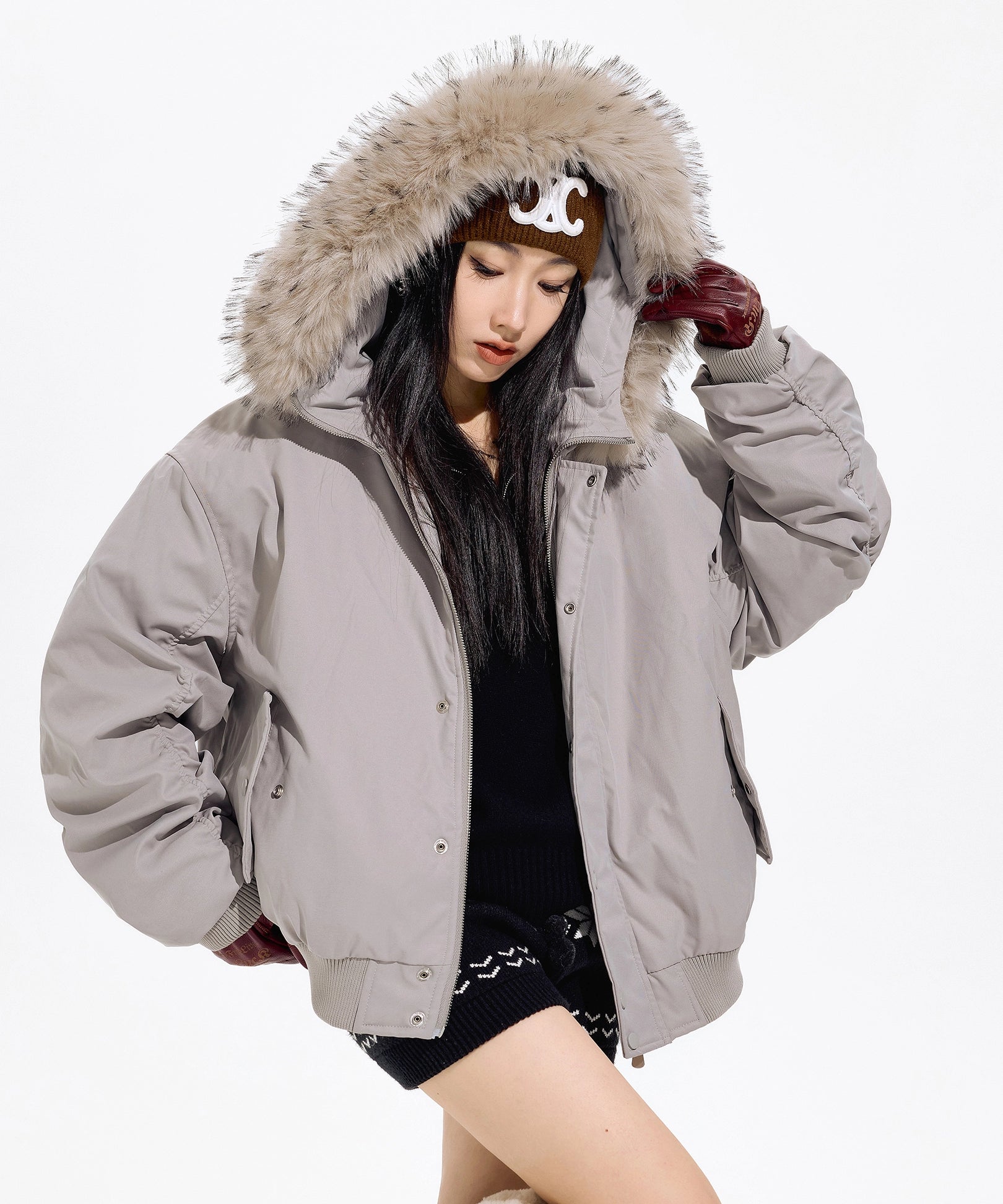 ICH MODE 美式复古毛领加厚棉服女秋冬季宽松保暖派克服棉衣外套