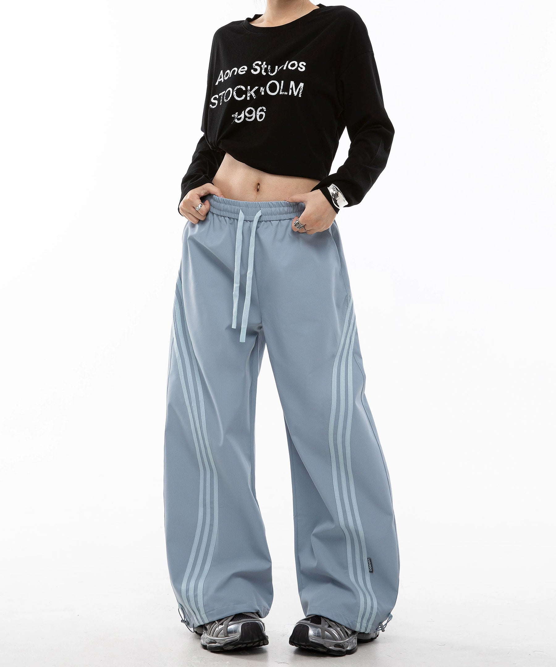 ICH MODE 美式复古条纹休闲裤女秋冬宽松直筒裤百搭阔腿裤运动裤