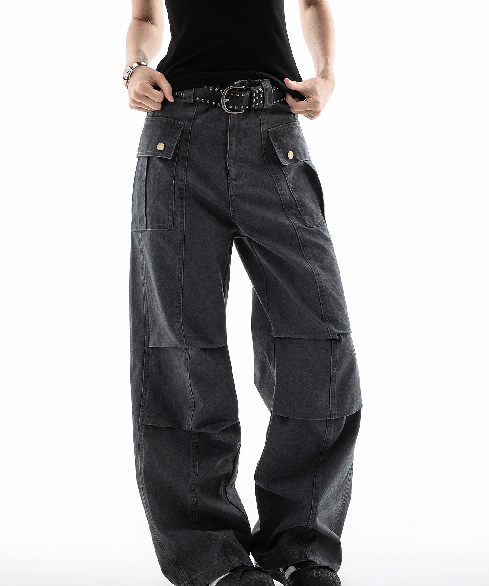 ICH MODE 美式复古口袋休闲裤女夏季宽松直筒工装裤流行阔腿裤子