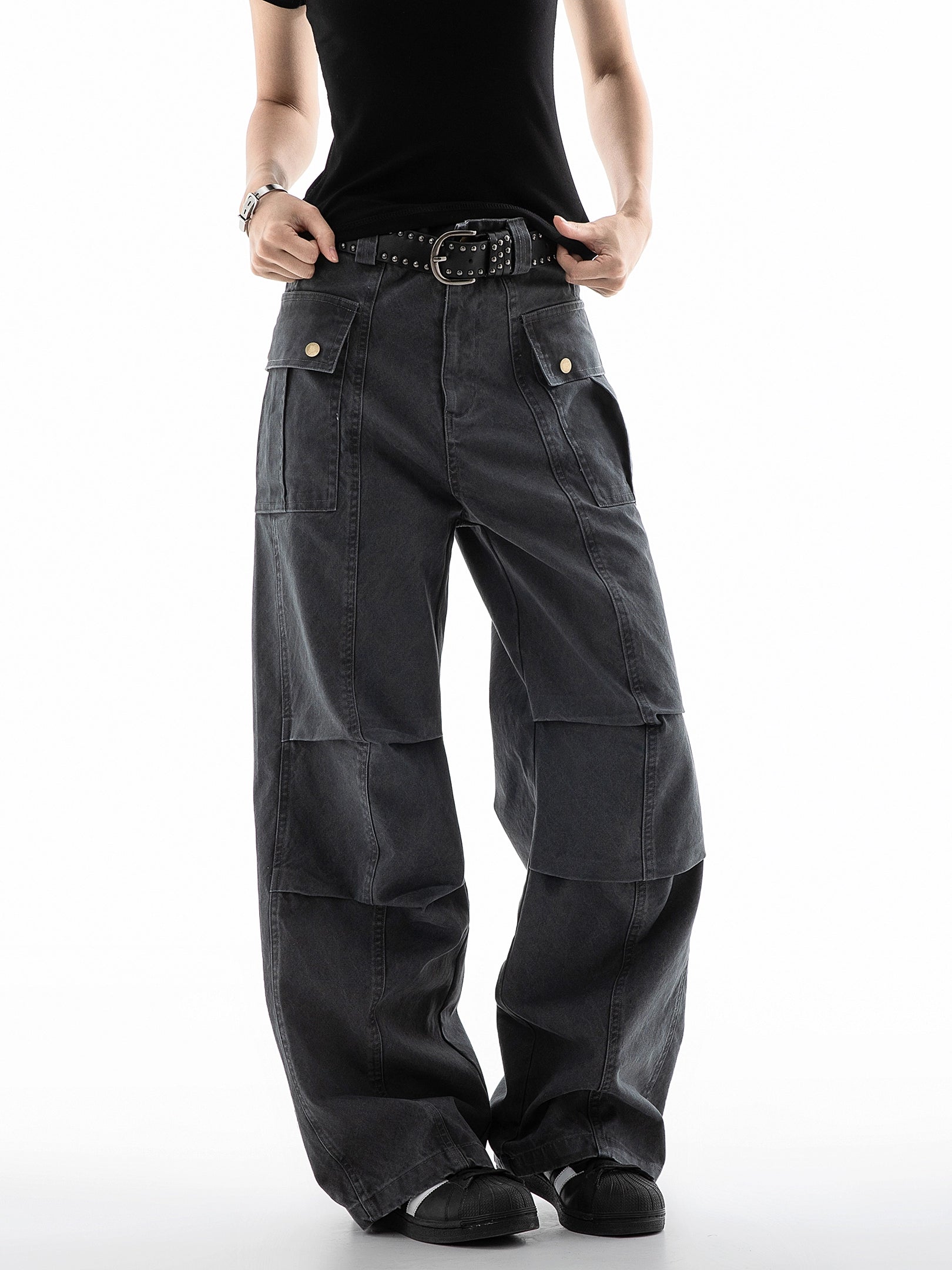 ICH MODE 美式复古口袋休闲裤女夏季宽松直筒工装裤流行阔腿裤子