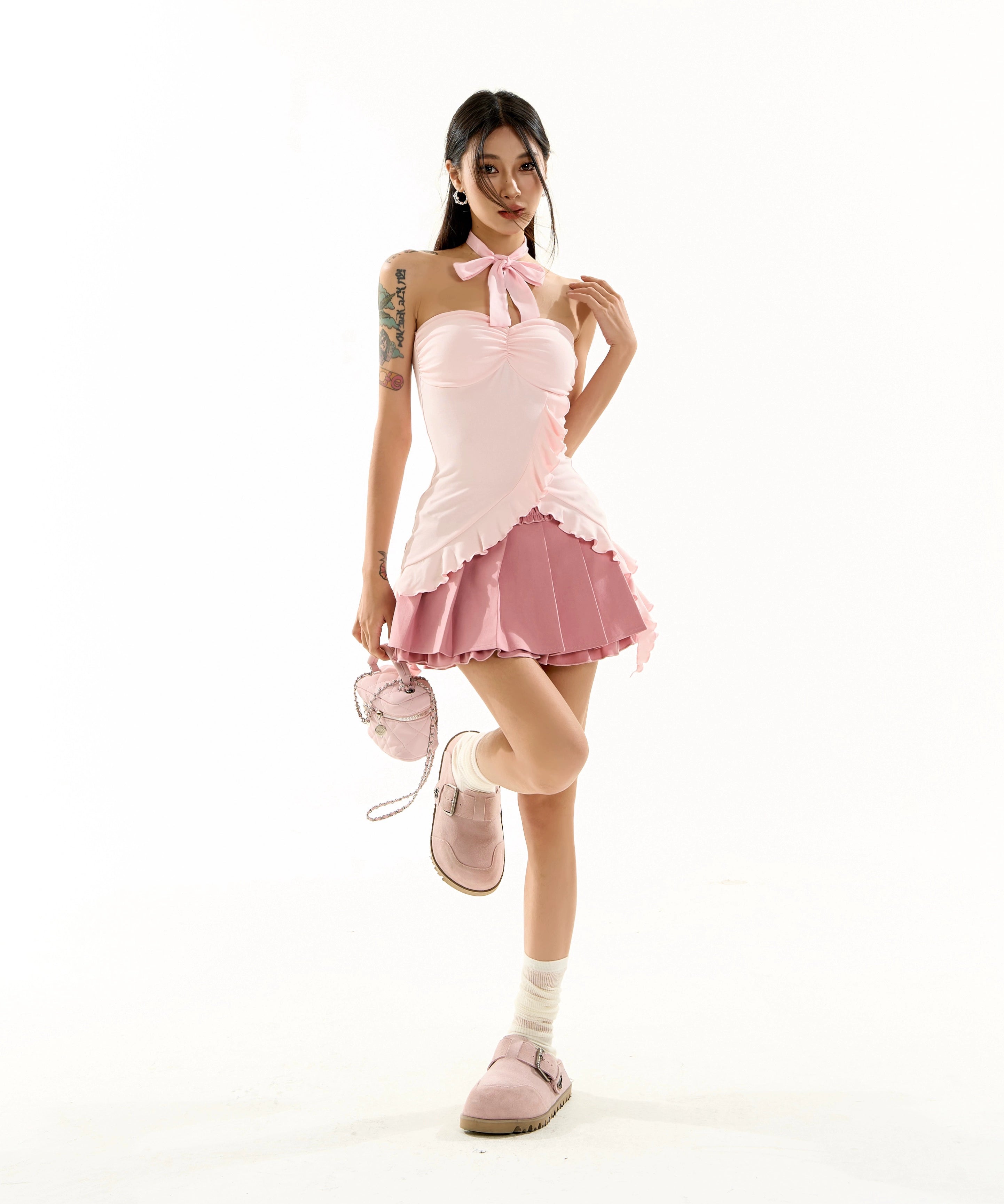 野生zero黑色抹胸女夏外穿辣妹修身显瘦荷叶边无袖短款带胸垫上衣