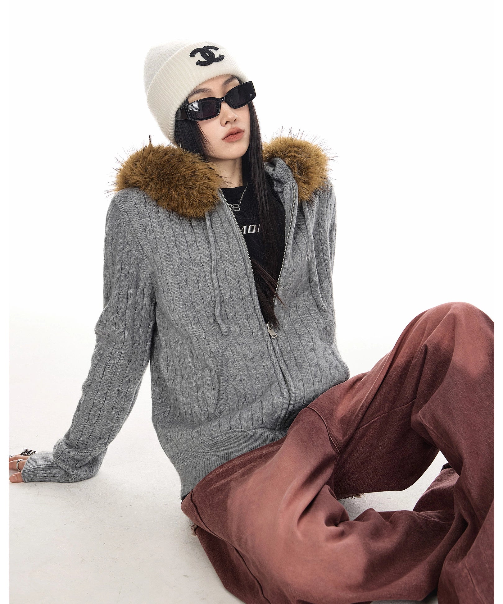 ICH MODE 美式复古刺绣毛领连帽针织开衫女秋冬休闲慵懒毛衣外套