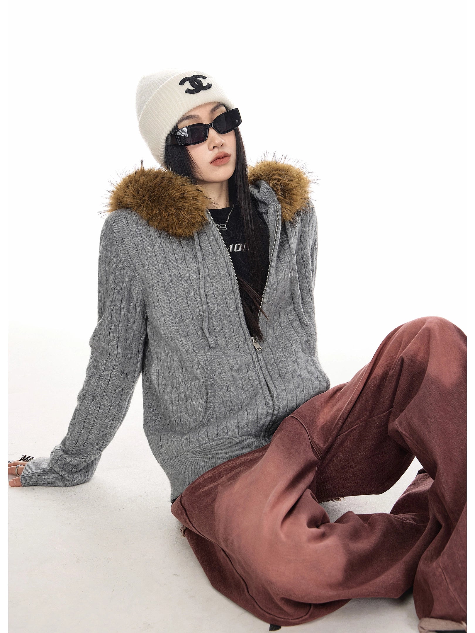 ICH MODE 美式复古刺绣毛领连帽针织开衫女秋冬休闲慵懒毛衣外套