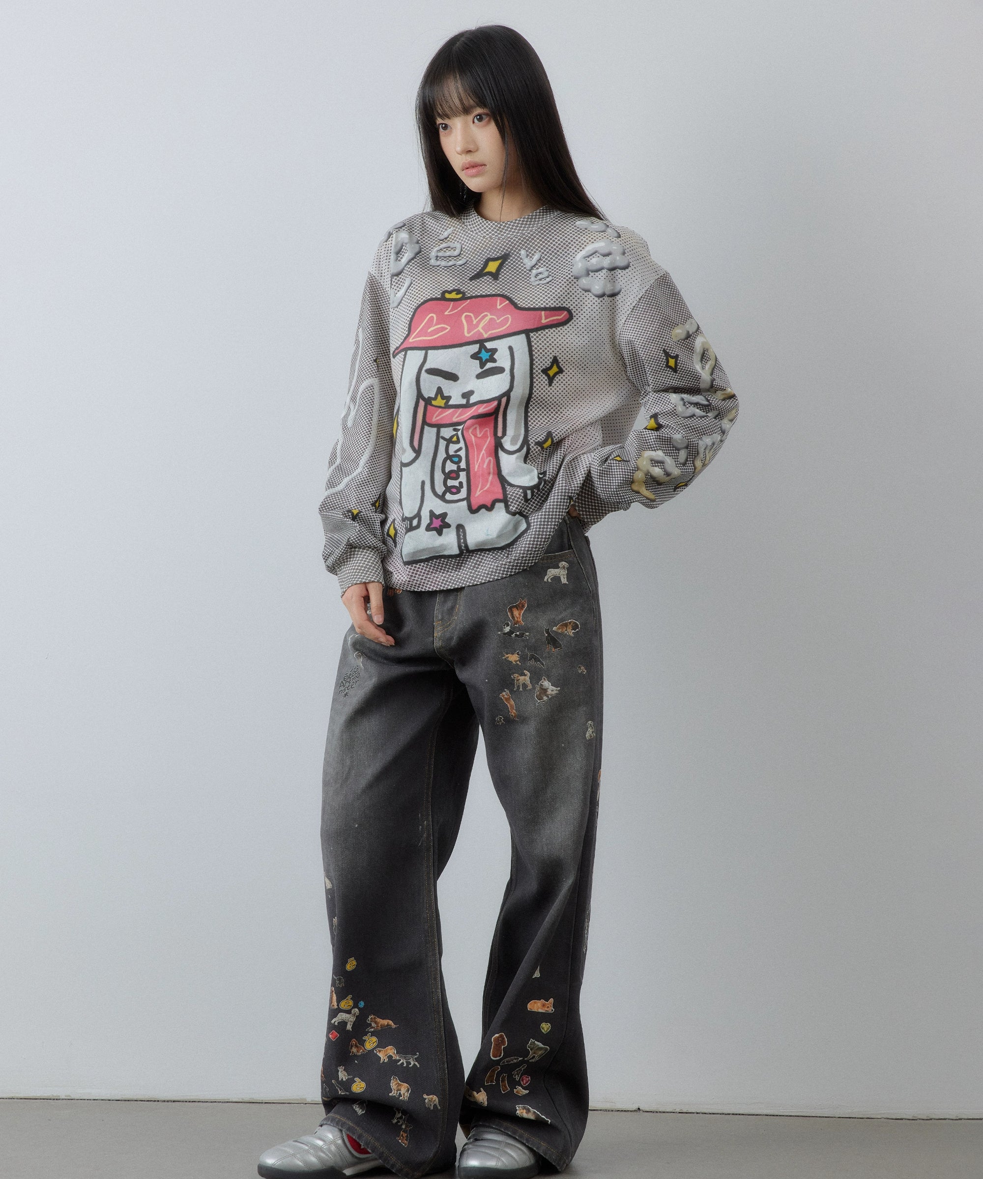 “礼帽兔子”| eeee设计感手绘涂鸦插画T恤3D字母满印波点长袖TEE