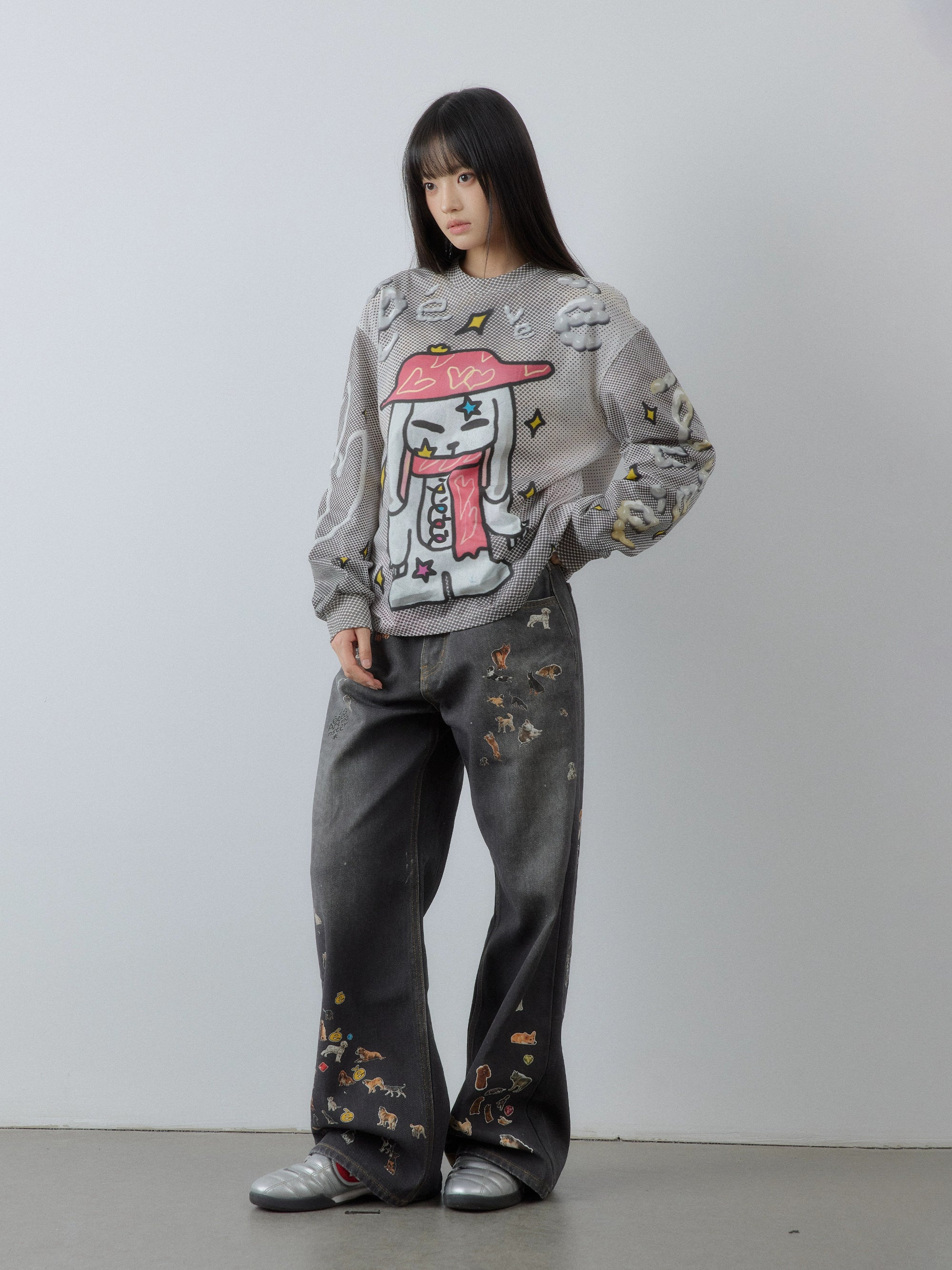 “礼帽兔子”| eeee设计感手绘涂鸦插画T恤3D字母满印波点长袖TEE