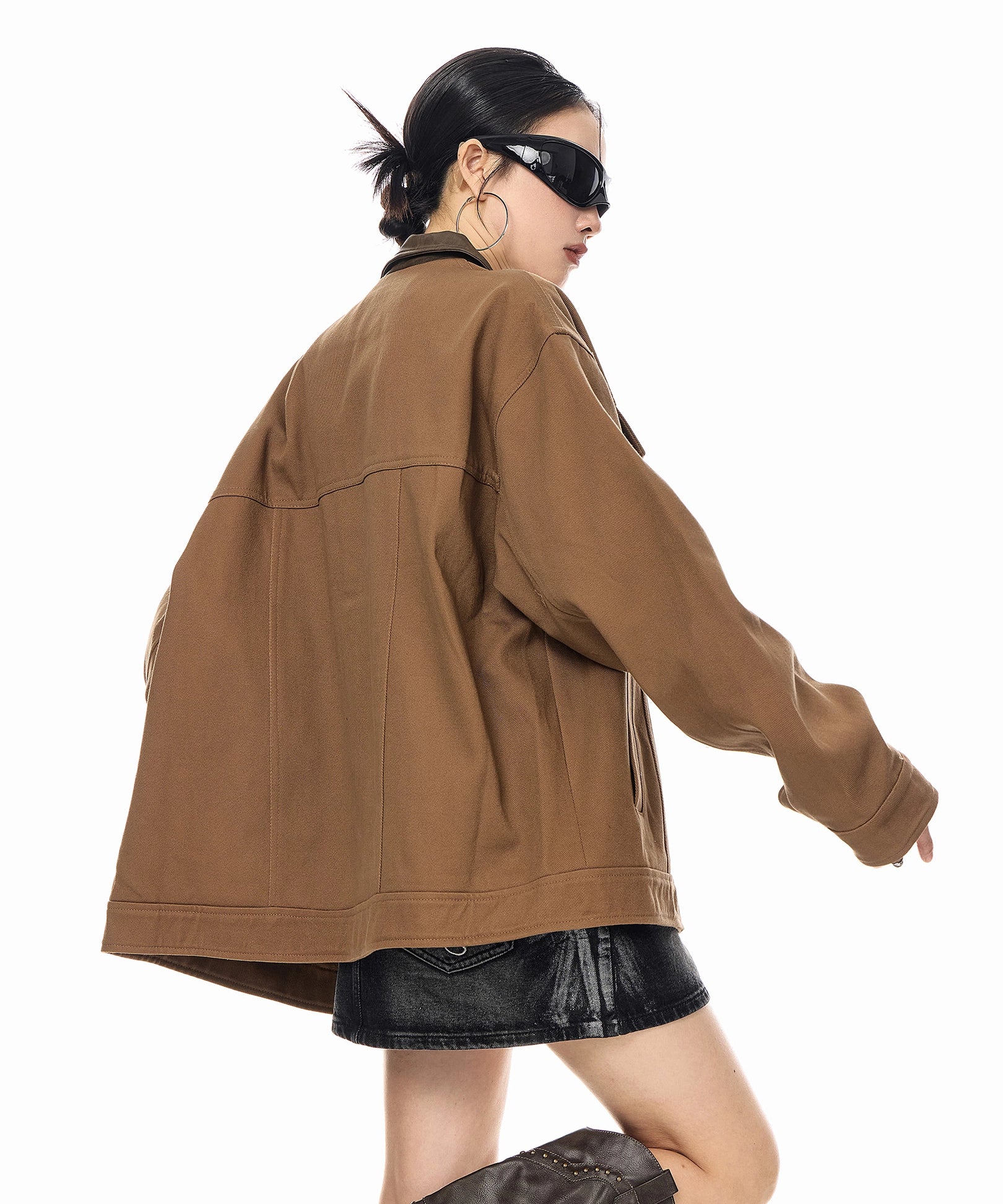 ICH MODE 美式复古撞色翻领外套女2025新款秋冬季巴恩风夹克上衣