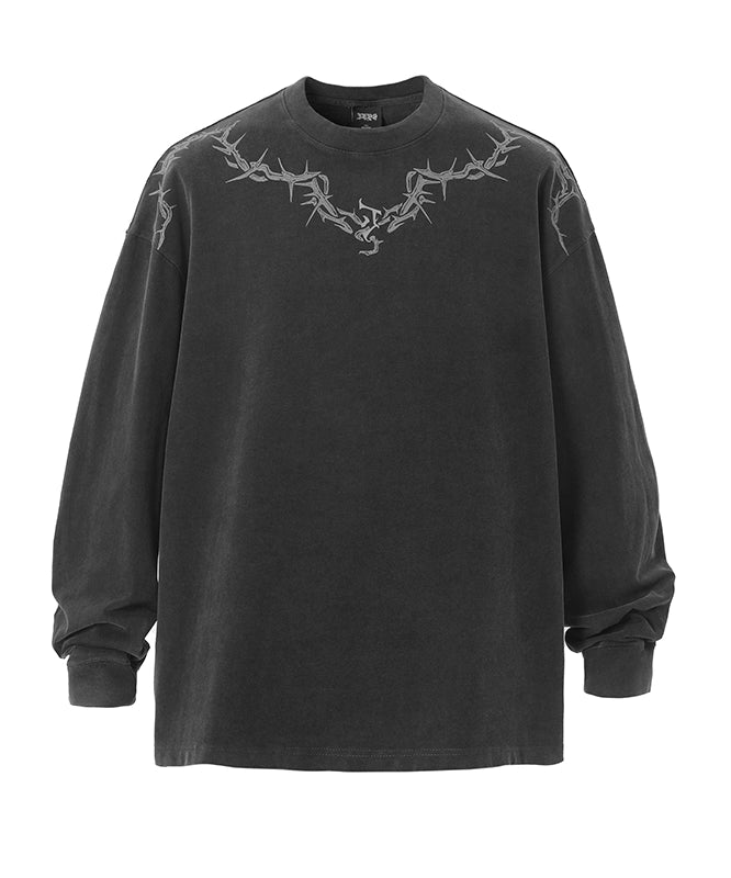 【邓为同款】JHYQ荆棘印花重磅320g水洗美式长袖t恤男宽松卫衣男