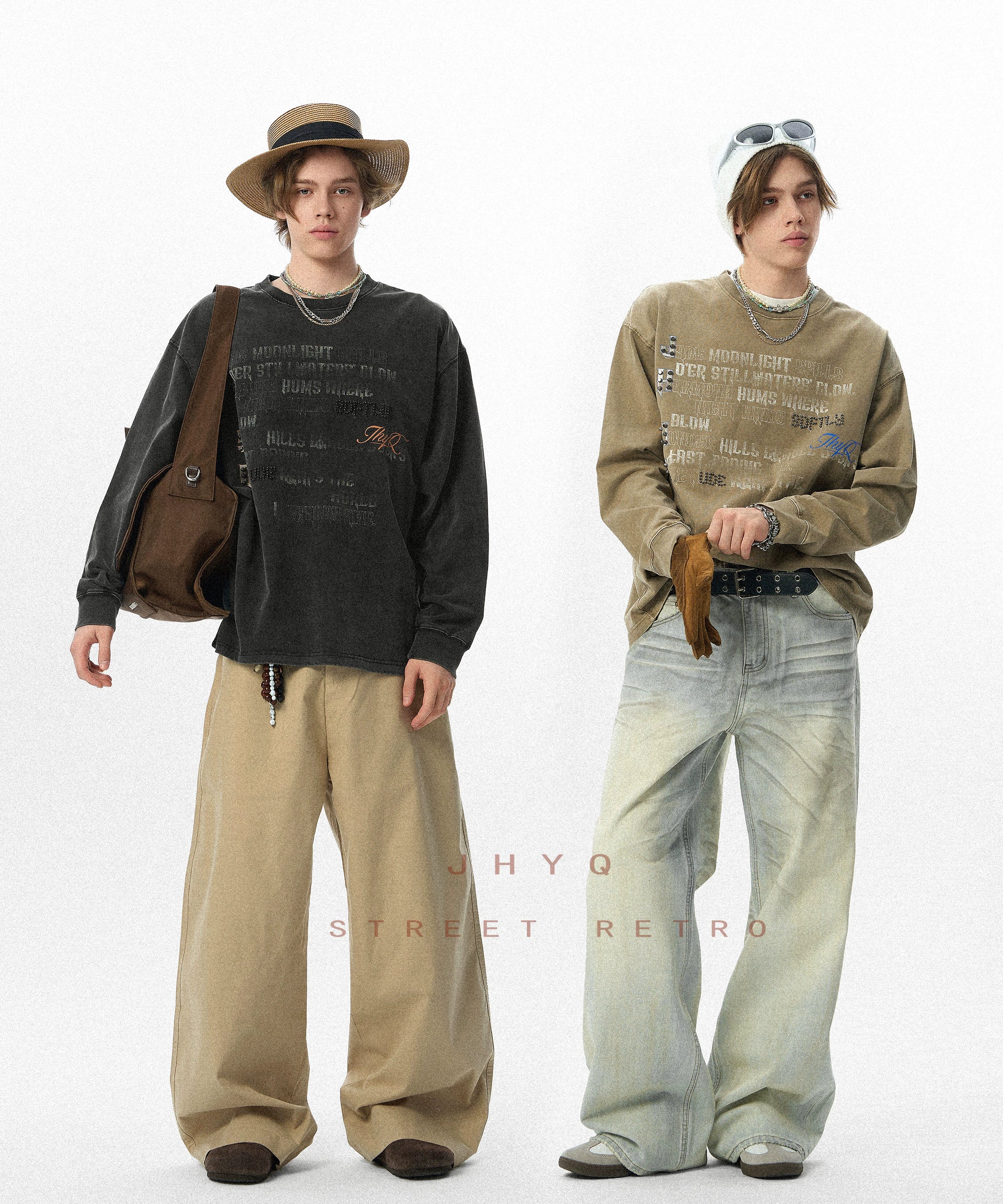 水洗系列丨JHYQ美式字母钉珠320g重磅满印长袖T恤男潮流复古卫衣