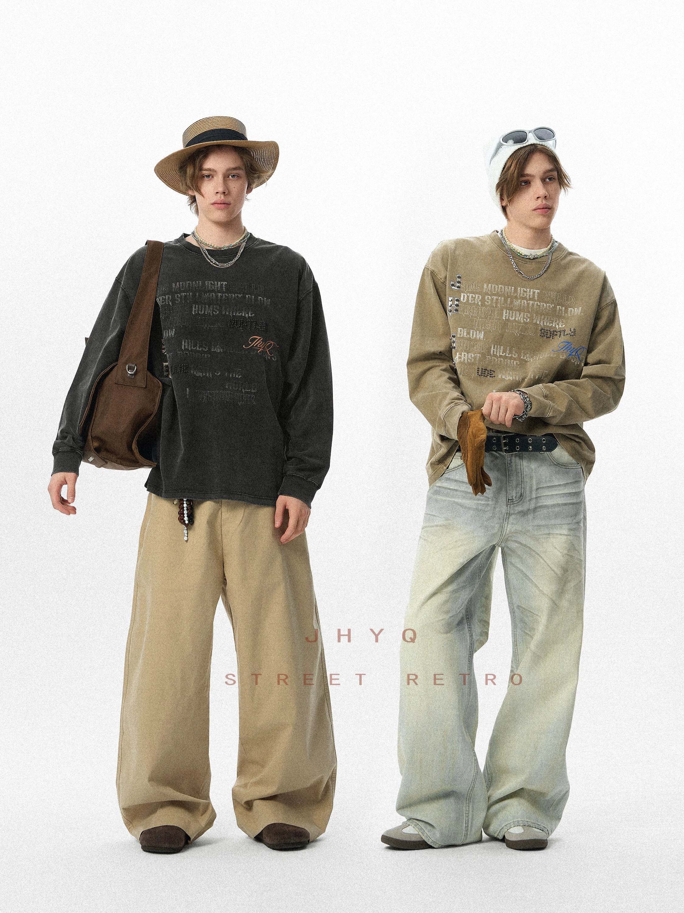 水洗系列丨JHYQ美式字母钉珠320g重磅满印长袖T恤男潮流复古卫衣