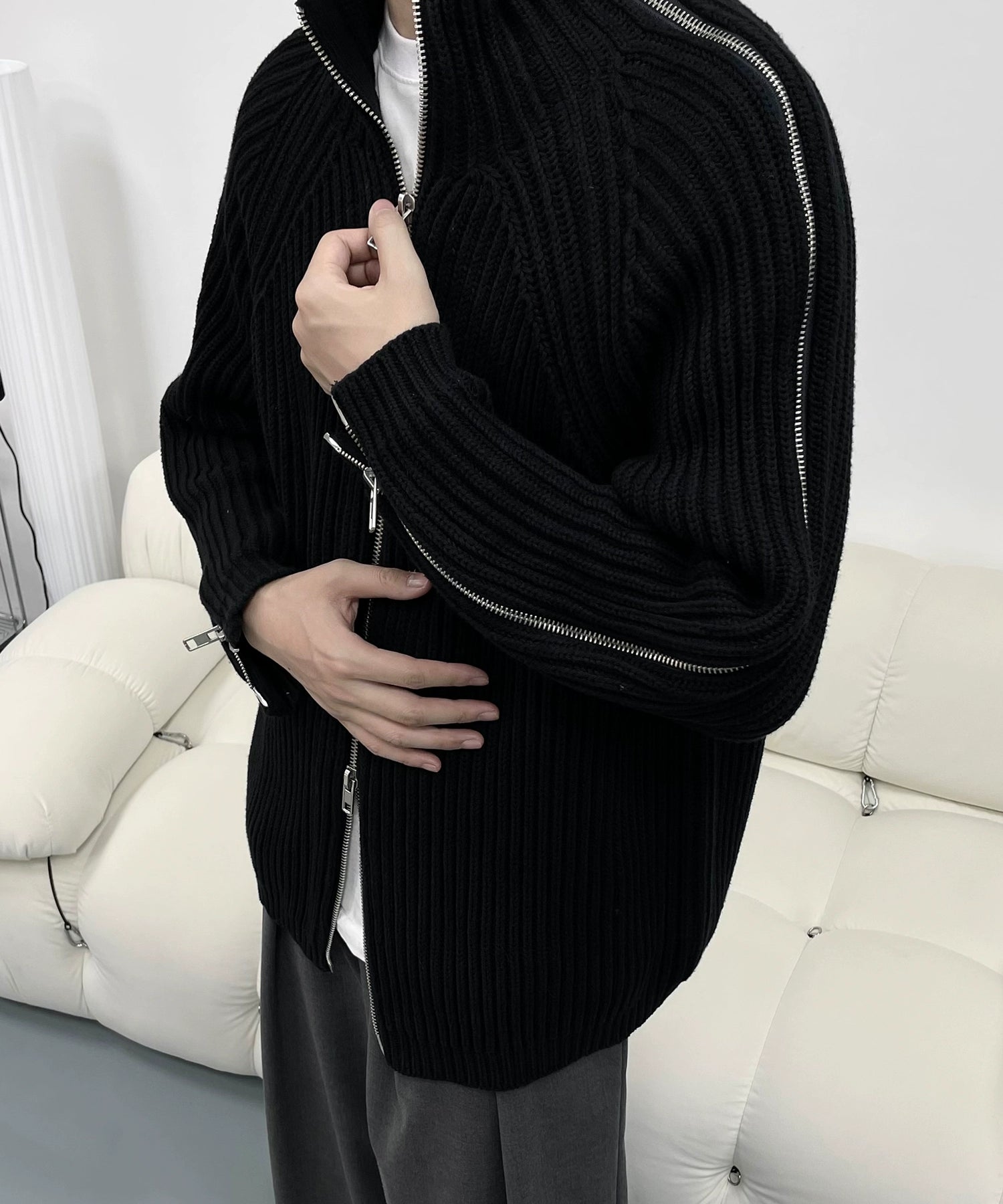 潮WOO专属TERRAINCOGNITA三拉链多变穿搭立领毛衣重磅休闲外套男