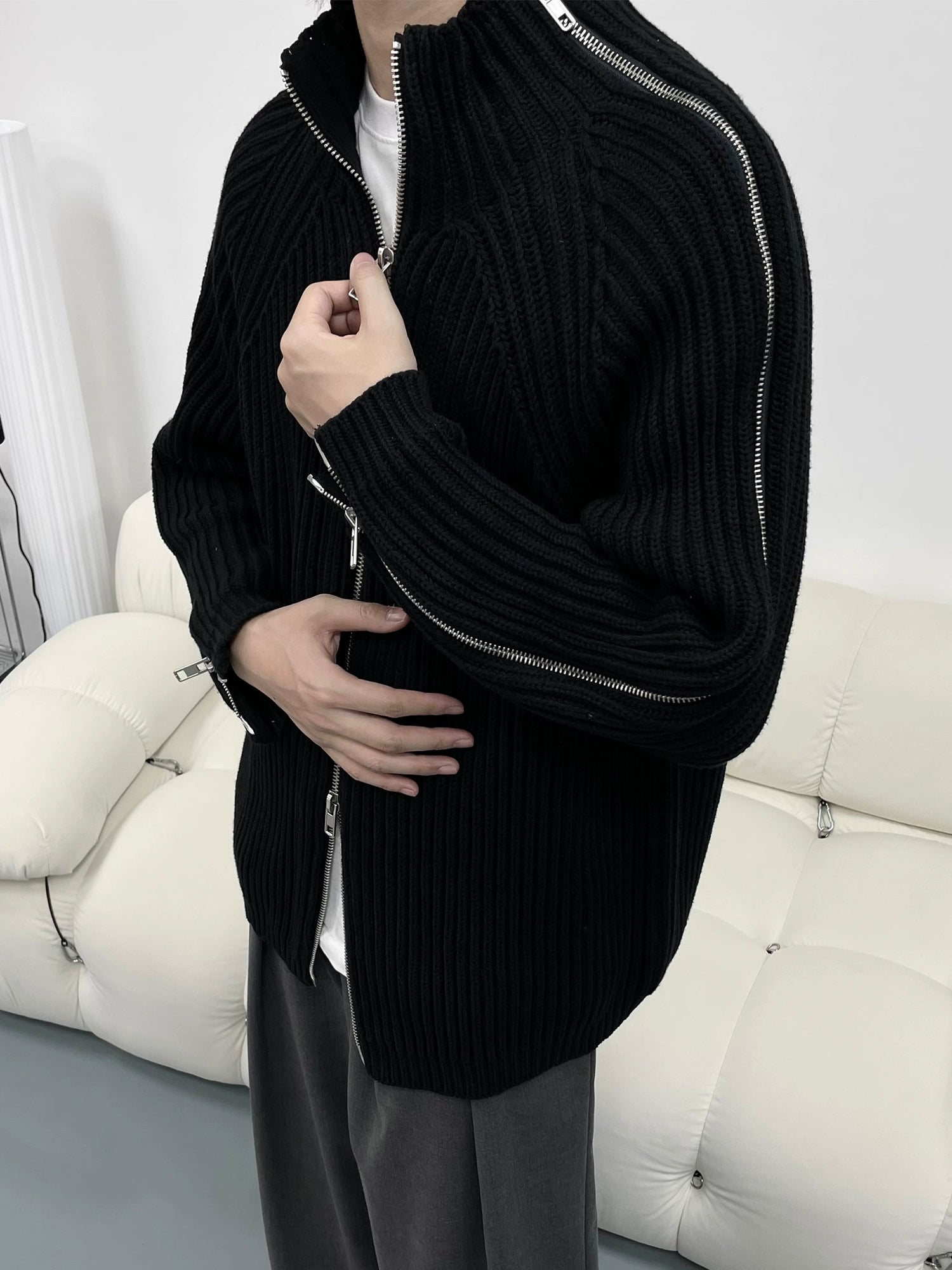 潮WOO专属TERRAINCOGNITA三拉链多变穿搭立领毛衣重磅休闲外套男