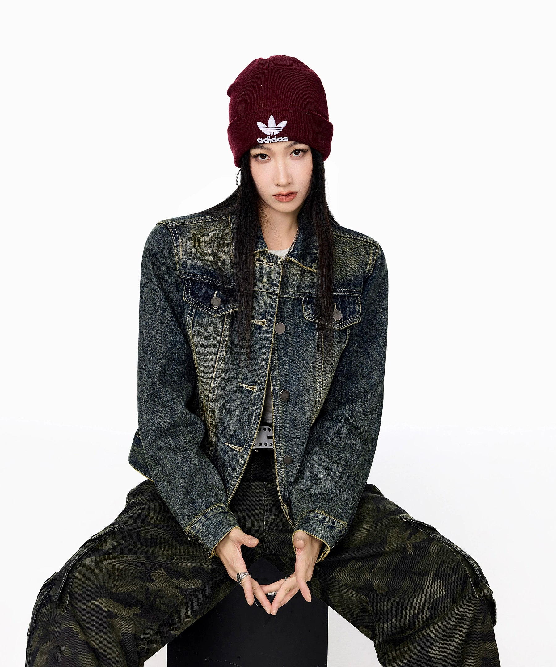 ICH MODE 美式复古做旧牛仔外套女秋冬2025新款短款开衫夹克上衣