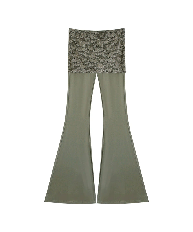 野生zero黑灰绿色喇叭裤女春夏季修身显瘦假两件蕾丝休闲瑜伽裤子