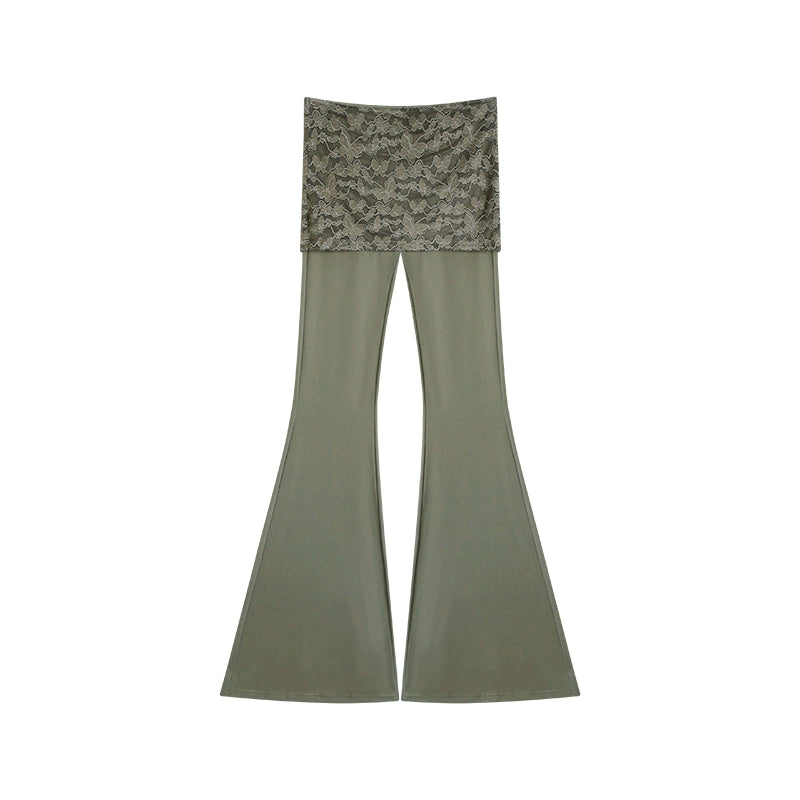 野生zero黑灰绿色喇叭裤女春夏季修身显瘦假两件蕾丝休闲瑜伽裤子