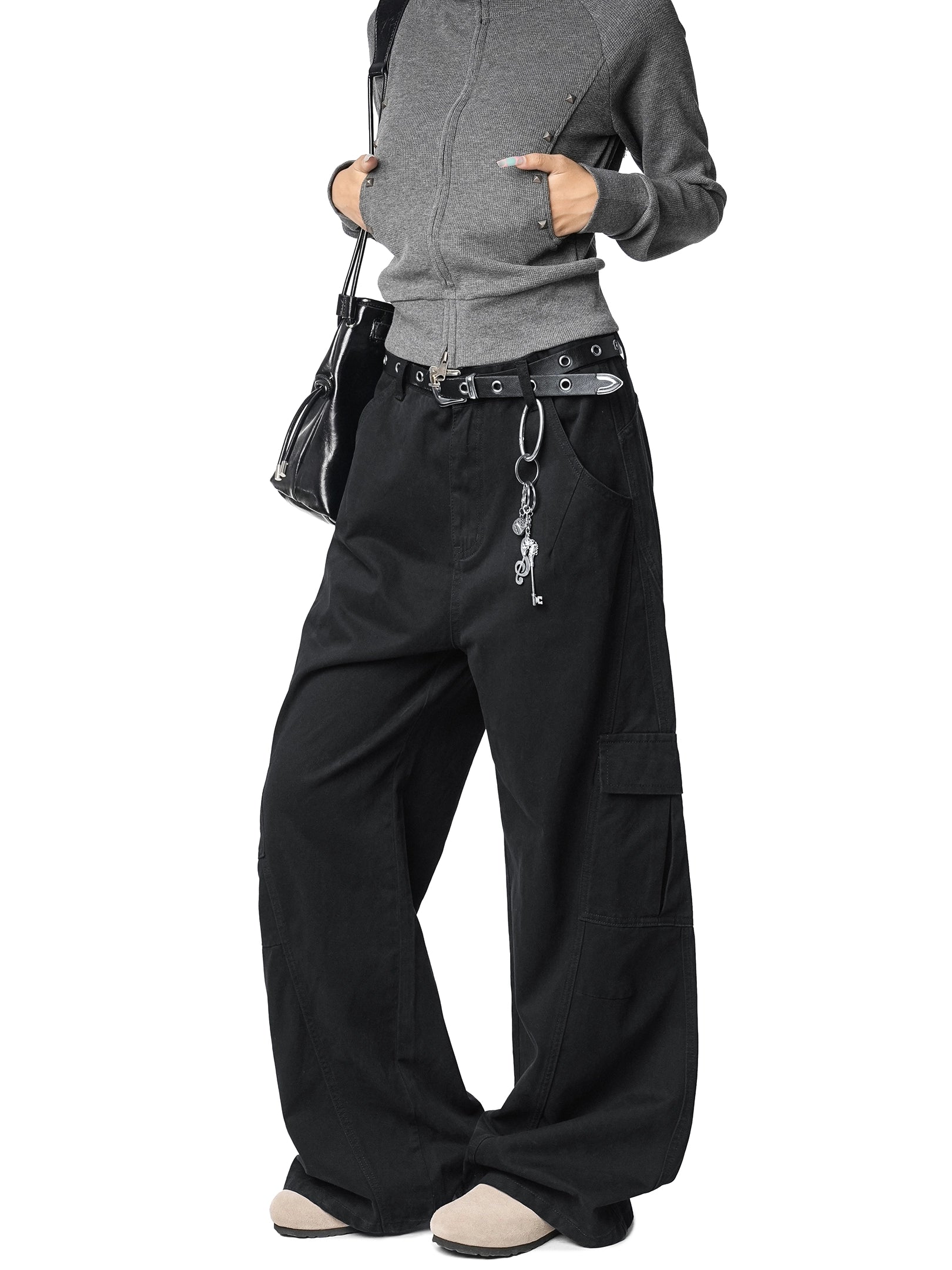 ICH MODE 美式复古宽松阔腿休闲裤女秋冬百搭直筒裤工装裤运动裤