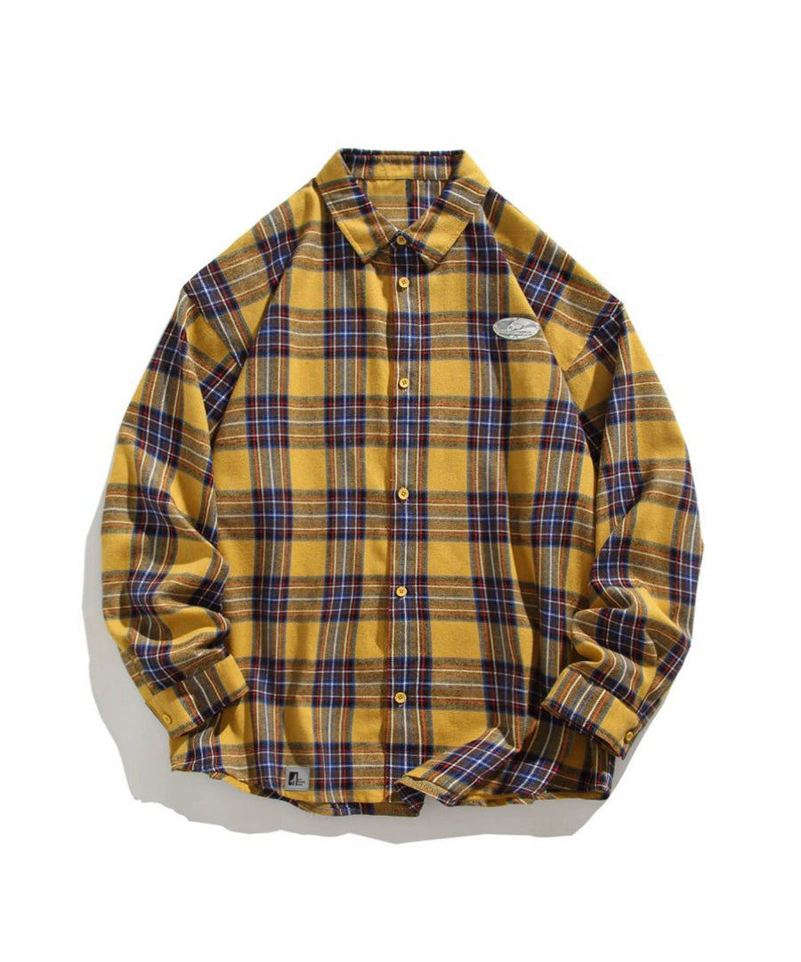 ICH MODE 美式复古格子衬衫女秋新款宽松流行百搭长袖衬衣外套