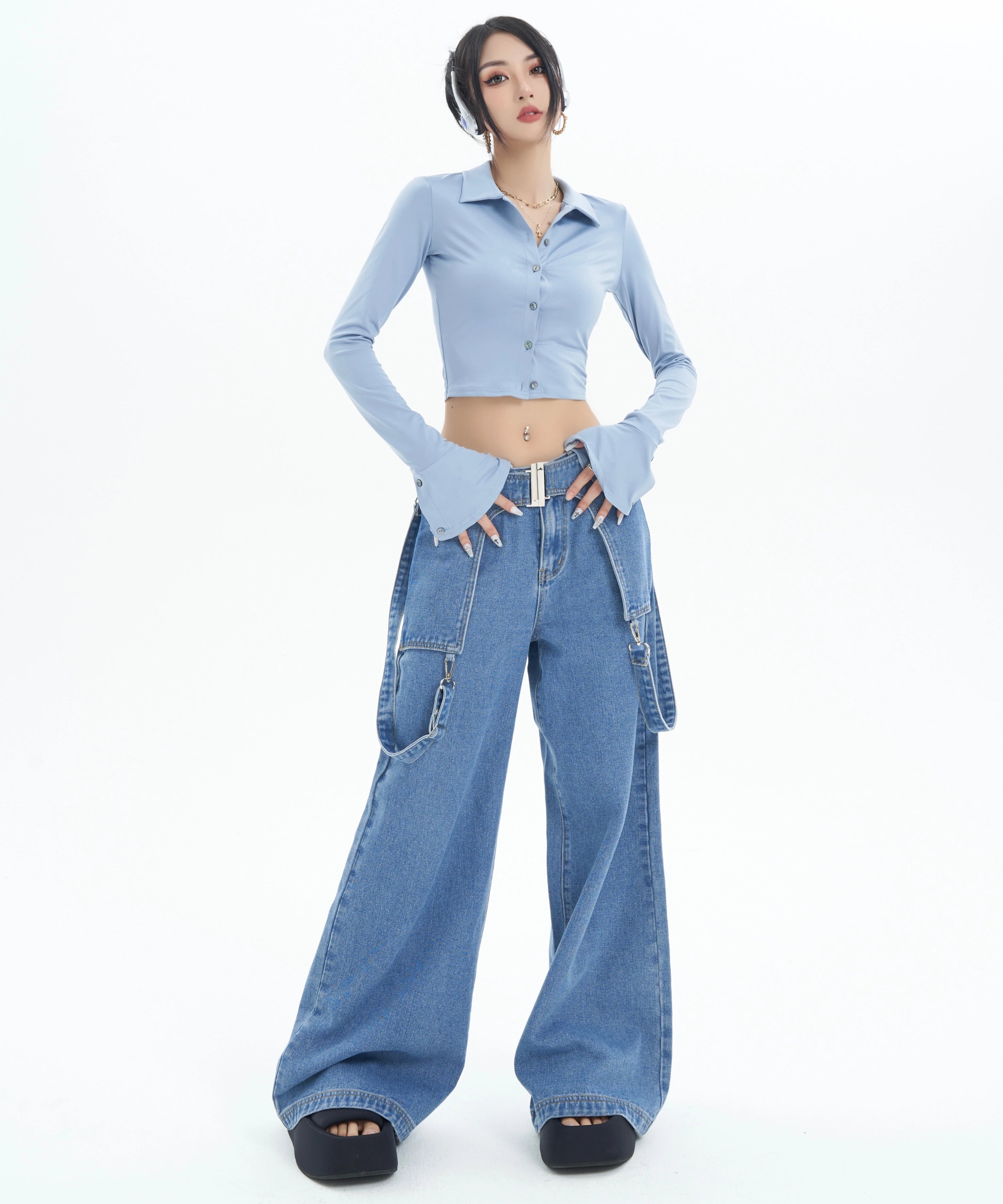 野生zero蓝色短款上衣女春夏甜辣妹小众修身显瘦翻领喇叭长袖衬衫