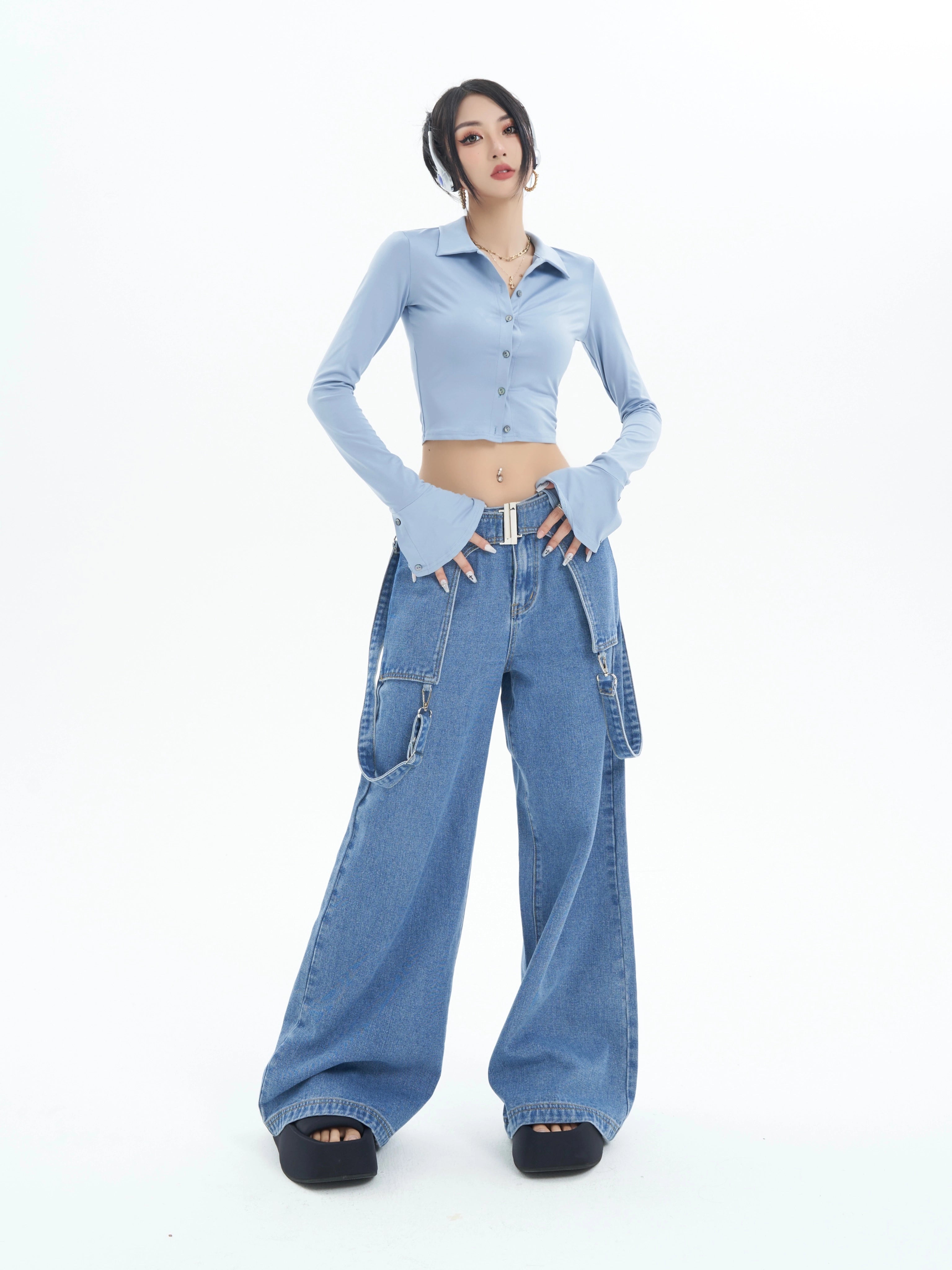 野生zero蓝色短款上衣女春夏甜辣妹小众修身显瘦翻领喇叭长袖衬衫