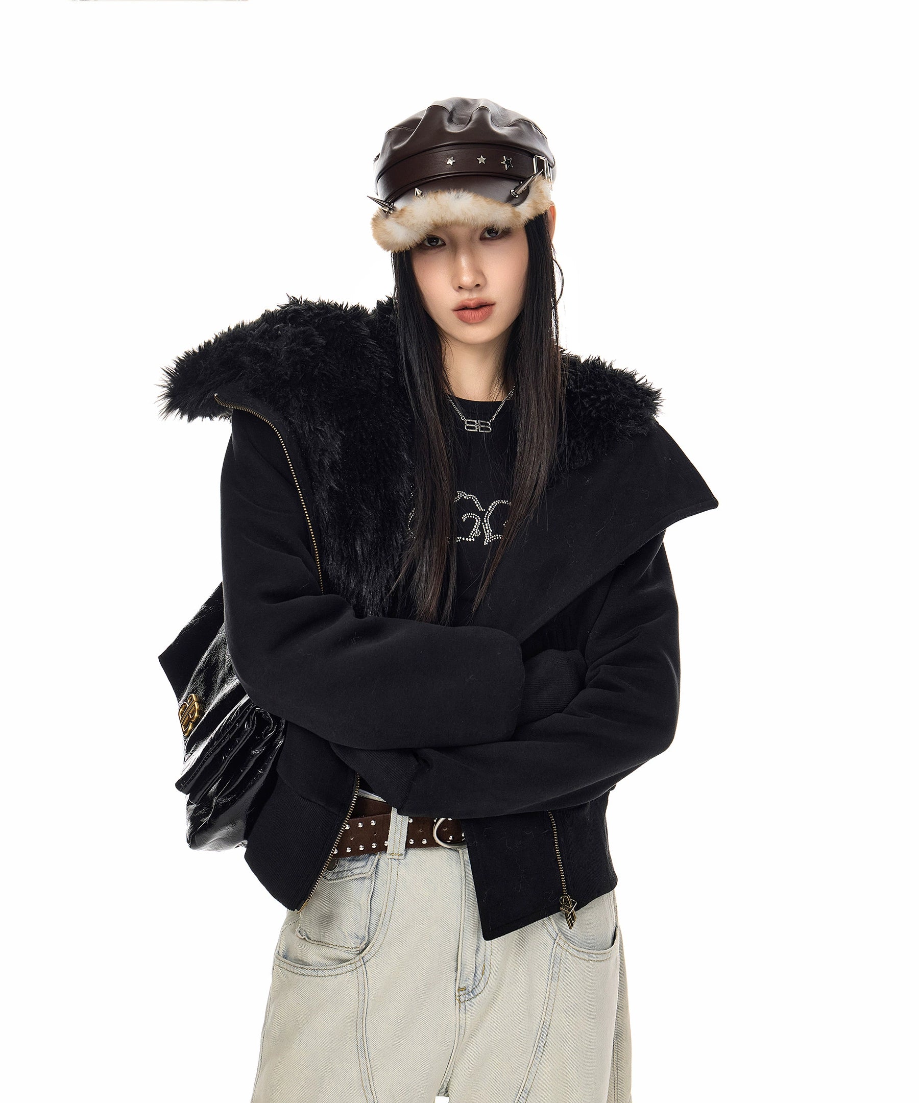 ICH MODE 美式复古毛绒内胆毛领棉服女2025冬季新款修身短款棉衣