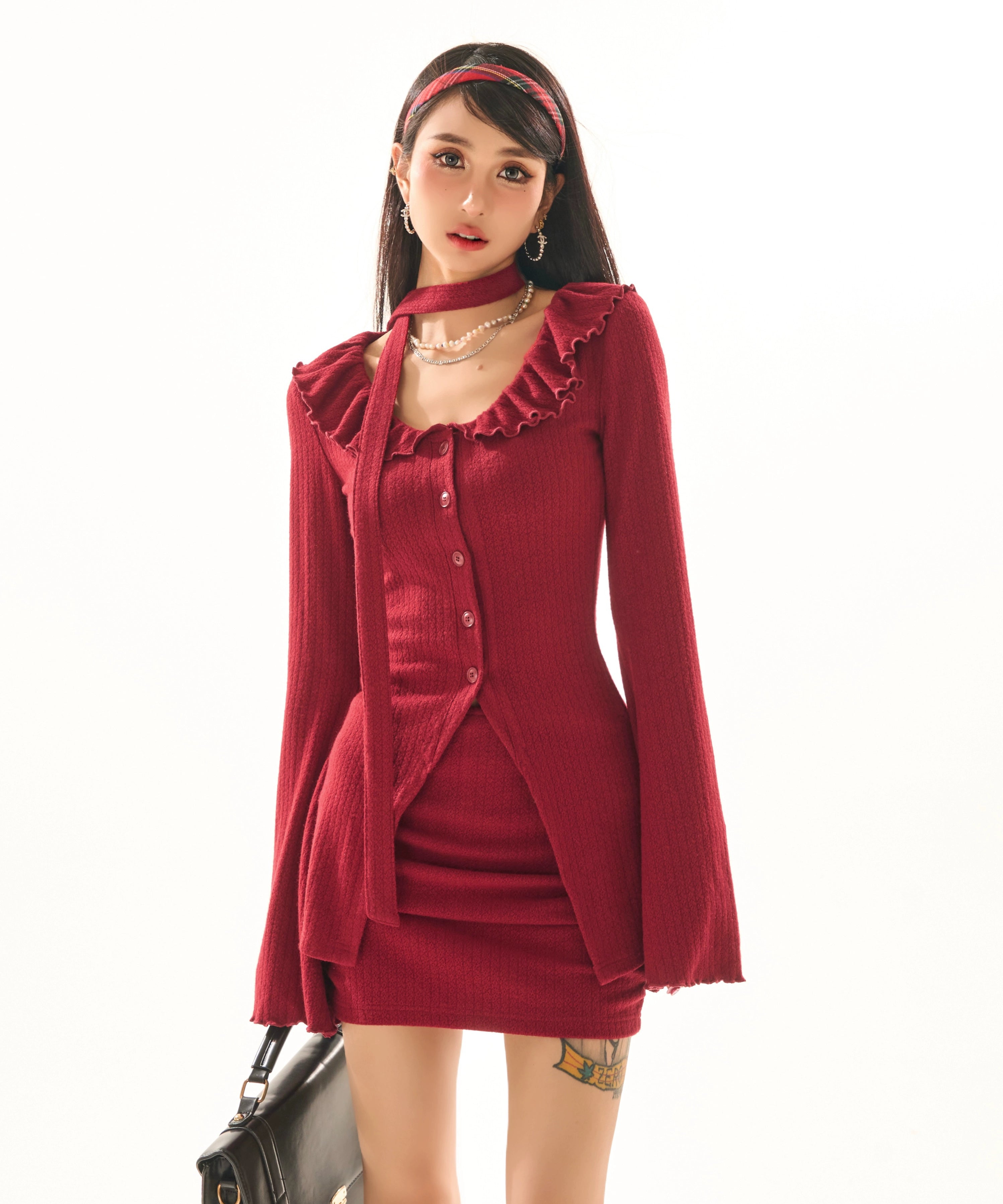 野生zero 红色针织套装女春夏修身显瘦喇叭袖上衣包臀半身裙子