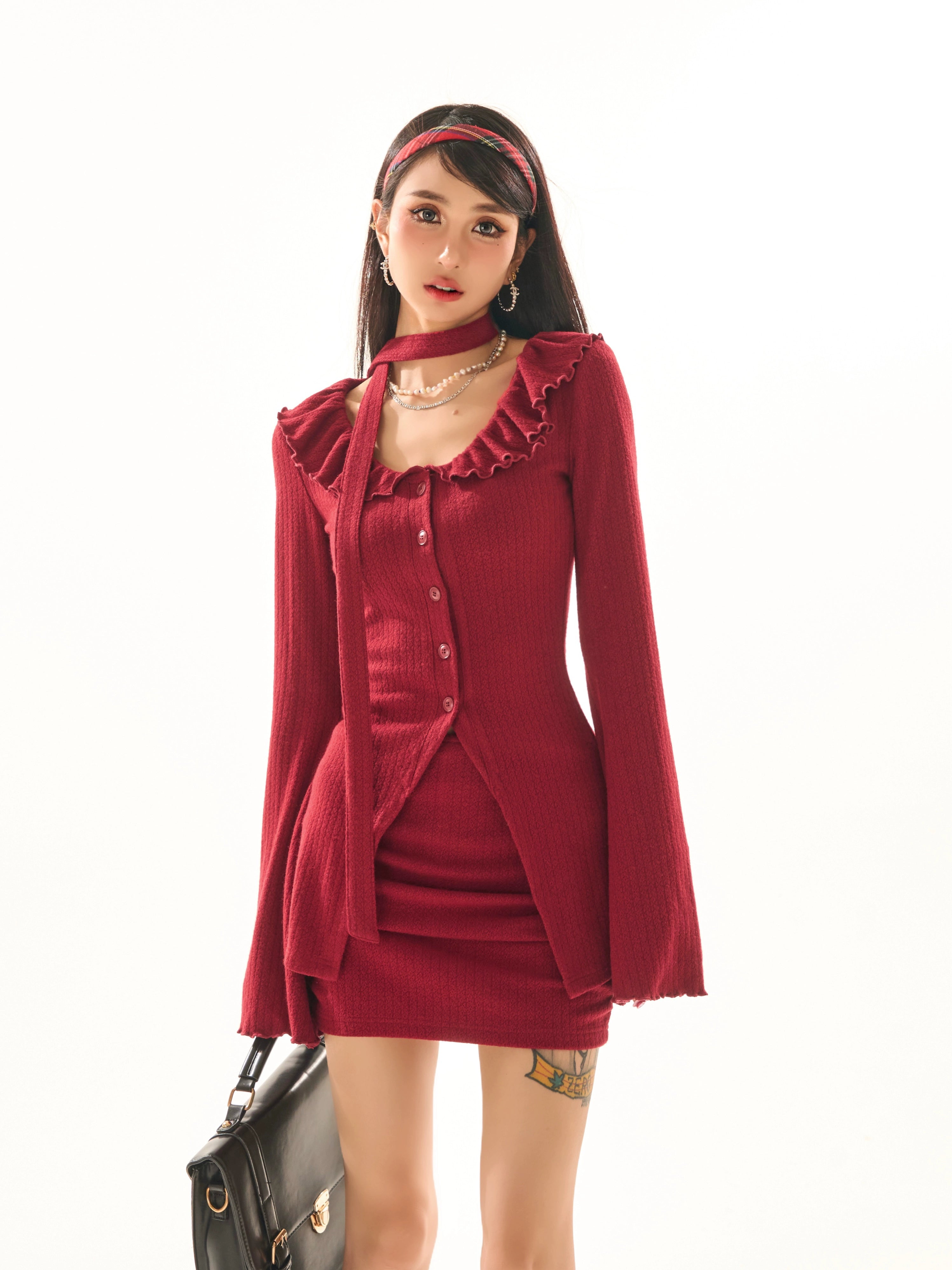 野生zero 红色针织套装女春夏修身显瘦喇叭袖上衣包臀半身裙子