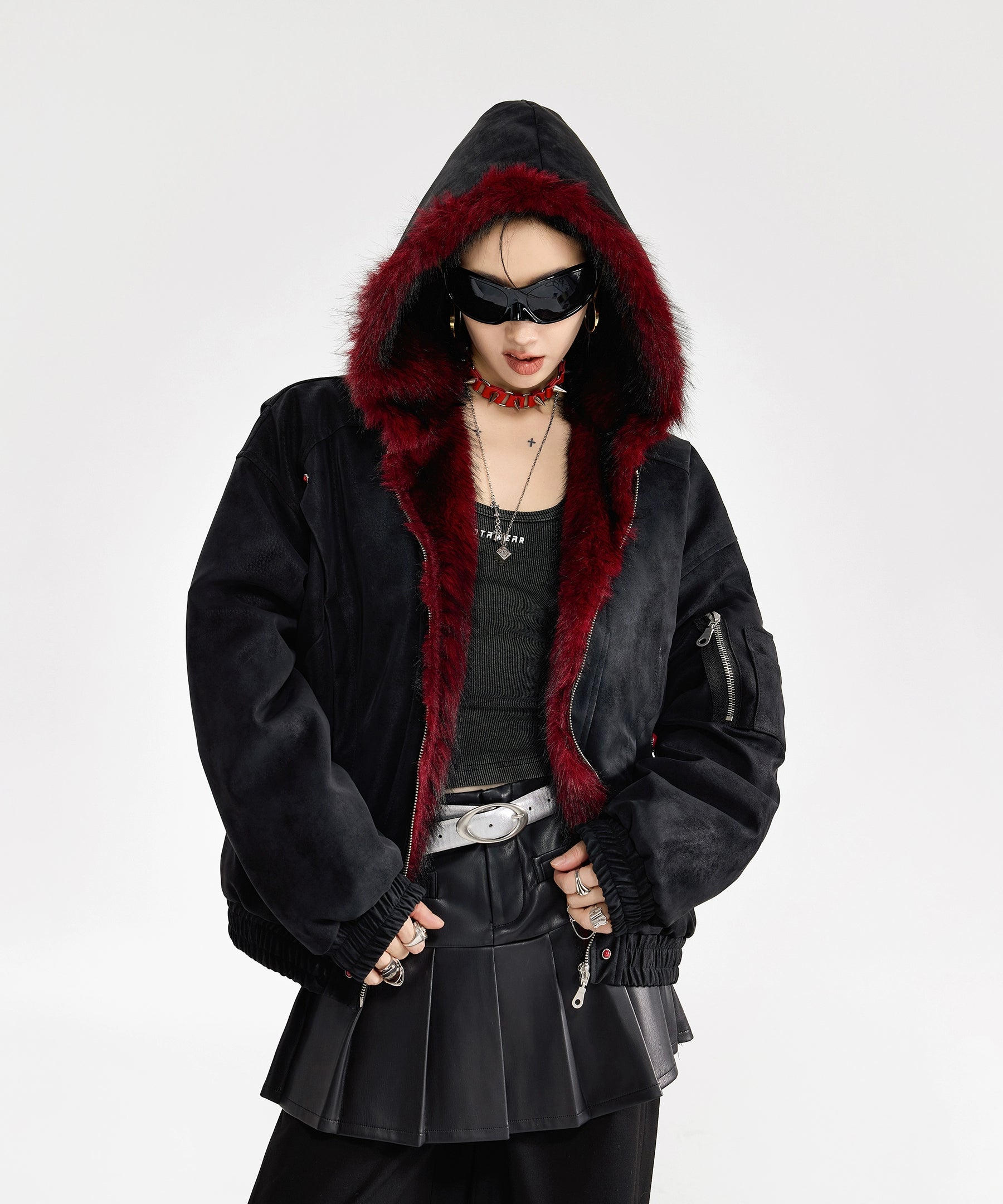 ICH MODE 美式复古座山雕连帽棉服女秋冬季宽松工装短外套小棉袄