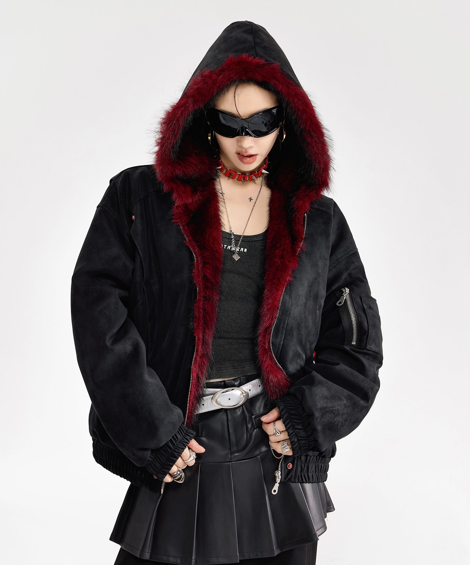 ICH MODE 美式复古座山雕连帽棉服女秋冬季宽松工装短外套小棉袄