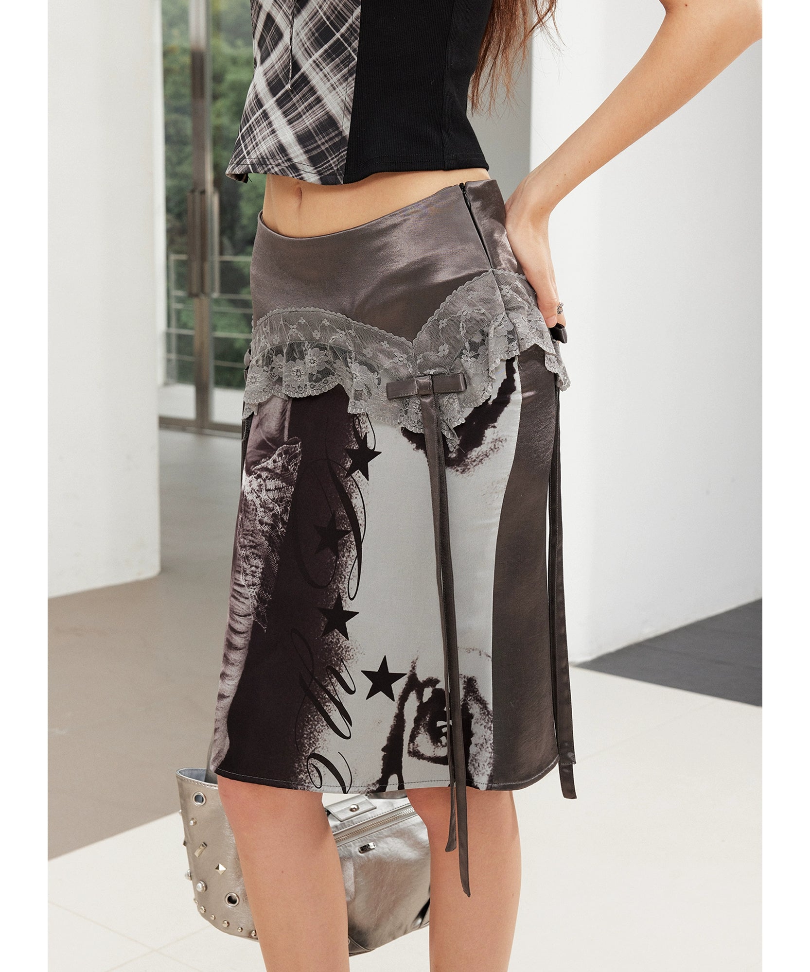 2th Desire朋克涂鸦波点花朵缎面蕾丝花边拼接蝴蝶结鱼尾半身中裙