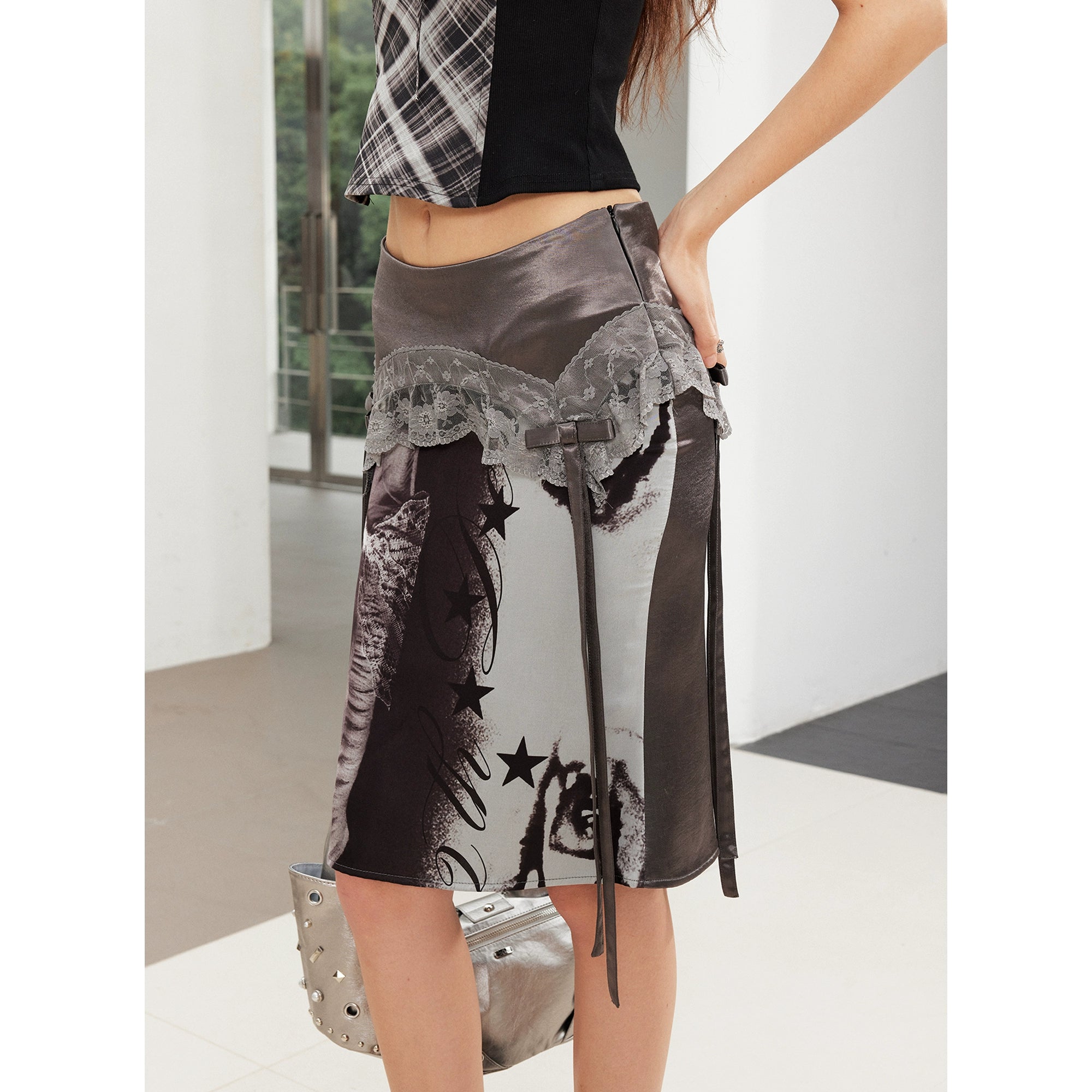 2th Desire朋克涂鸦波点花朵缎面蕾丝花边拼接蝴蝶结鱼尾半身中裙