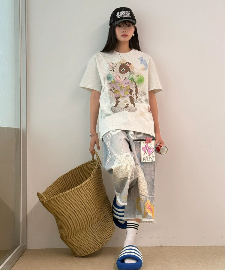 “陨石小狗”| eeee红陨石边牧涂鸦短袖宽松小众设计感手绘T恤夏