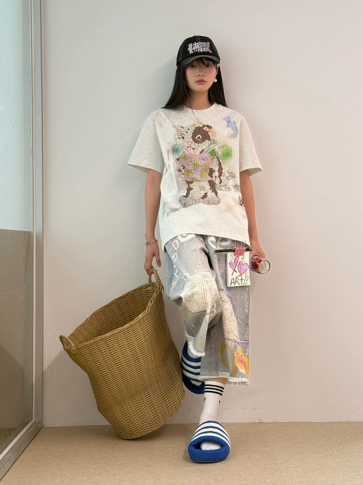 “陨石小狗”| eeee红陨石边牧涂鸦短袖宽松小众设计感手绘T恤夏