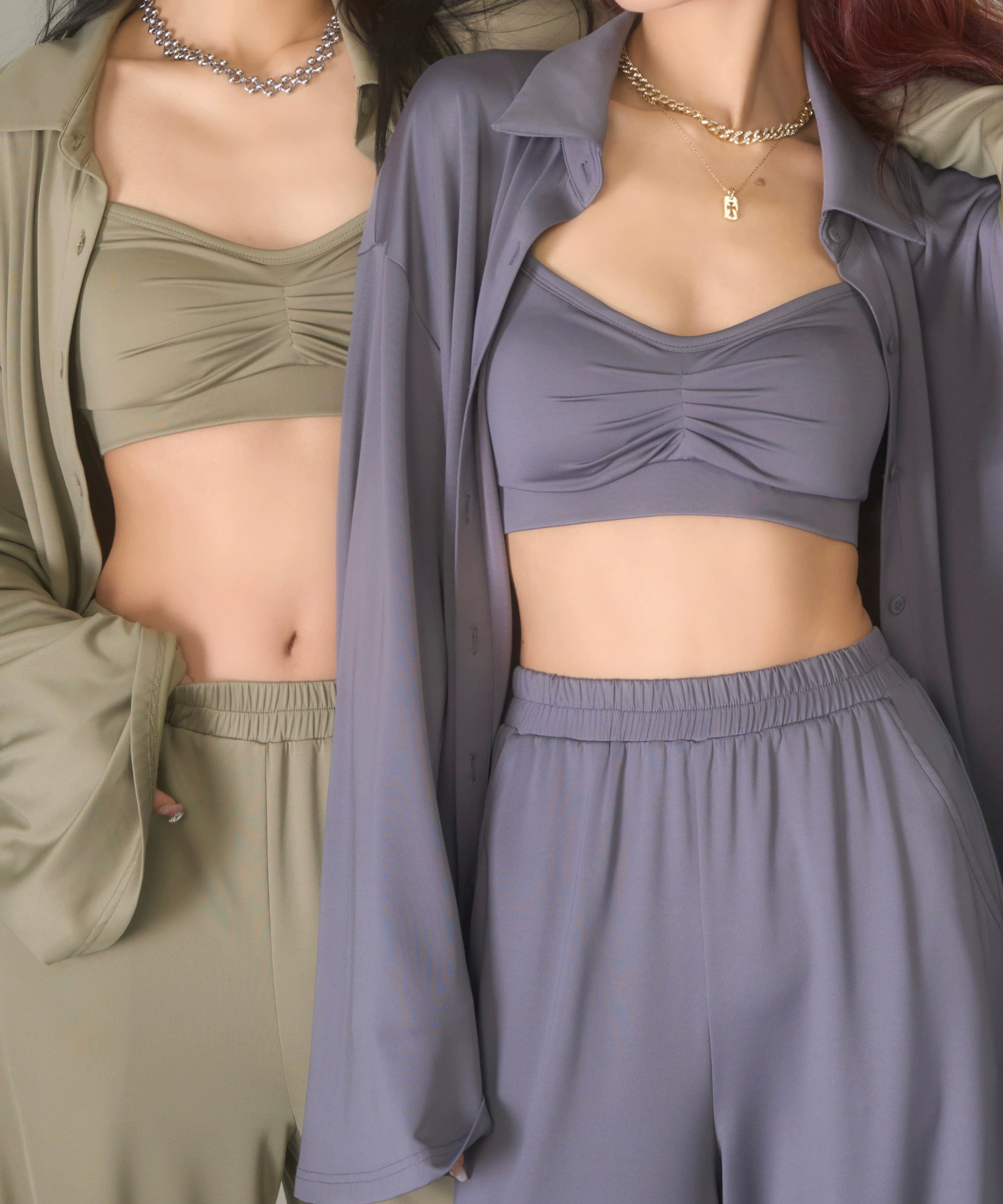 野生zerocircle绿灰色长袖衬衫三件套装女春宽松垂感微喇拖地裤子