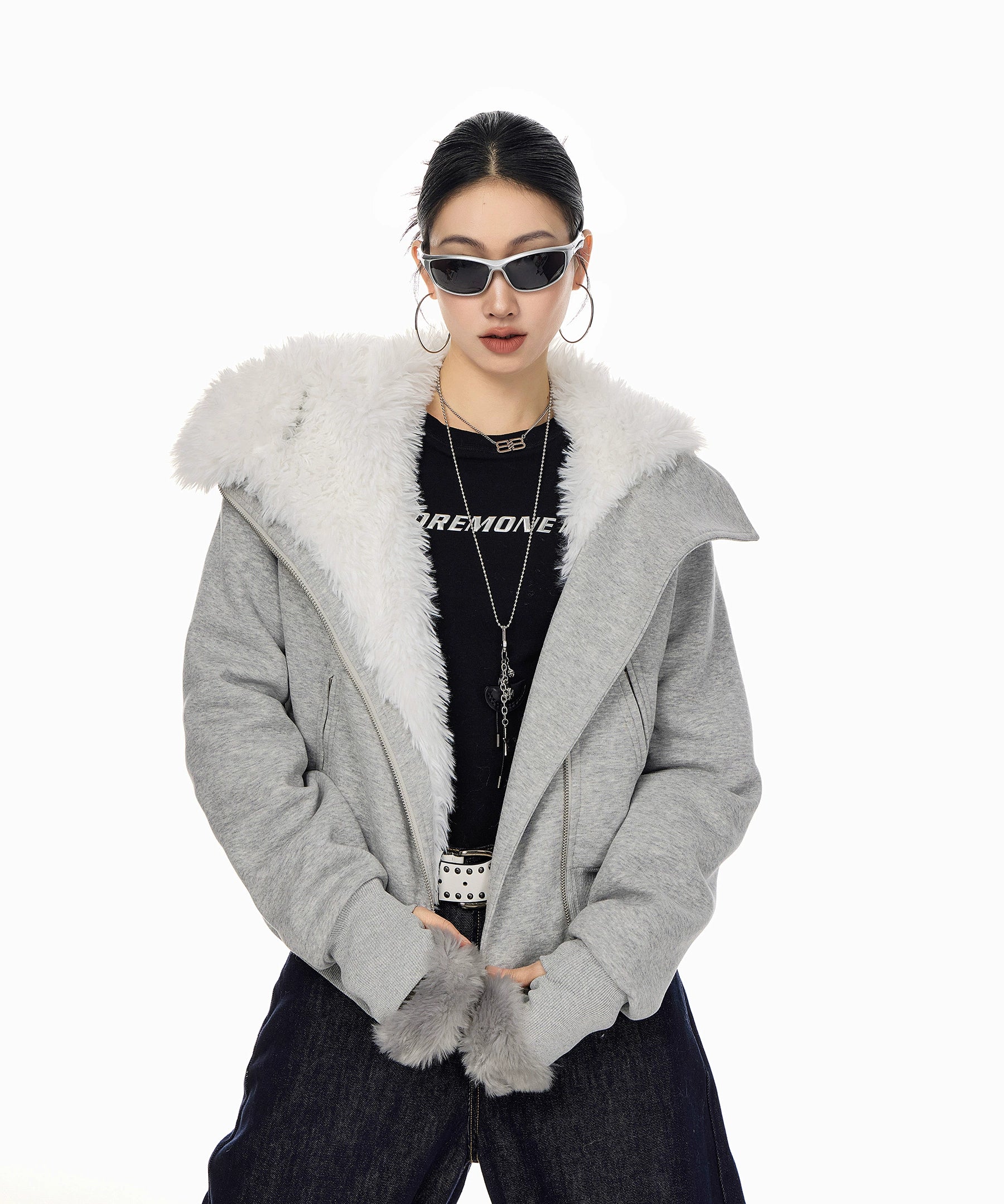 ICH MODE 美式复古毛绒内胆毛领棉服女2025冬季新款修身短款棉衣