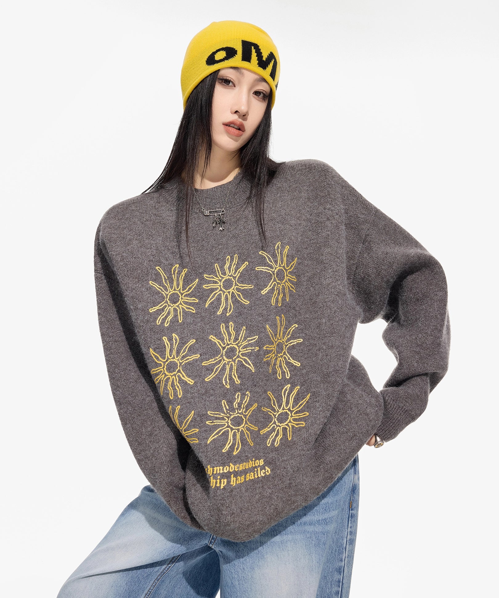 ICH MODE 美式复古太阳花圆领毛衣女秋冬季慵懒高级感长袖针织衫