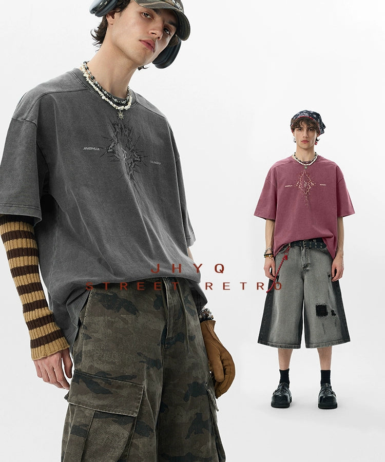 【荆棘系列】JHYQ275g复古水洗做旧圆领短袖t恤男美式宽松潮上衣