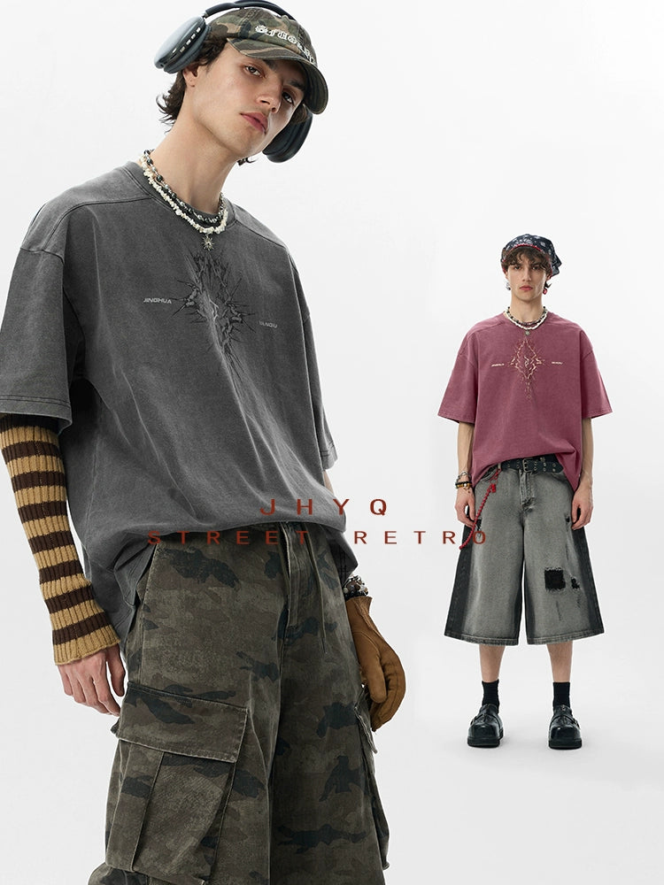 【荆棘系列】JHYQ275g复古水洗做旧圆领短袖t恤男美式宽松潮上衣