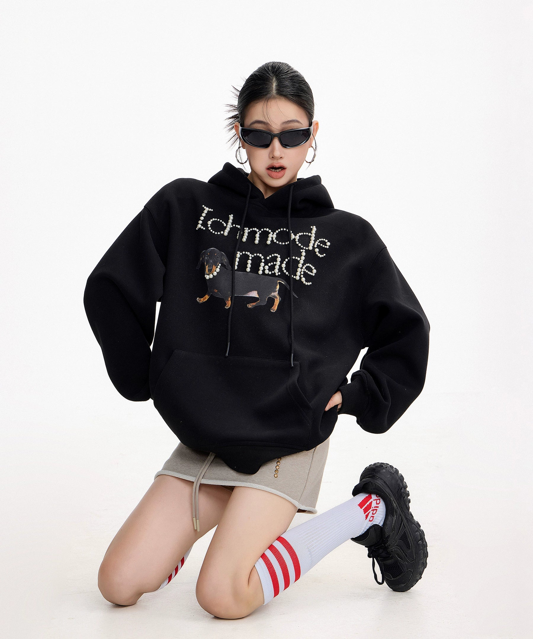 ICH MODE 美式复古珍珠连帽卫衣女秋冬新款宽松休闲百搭上衣外套