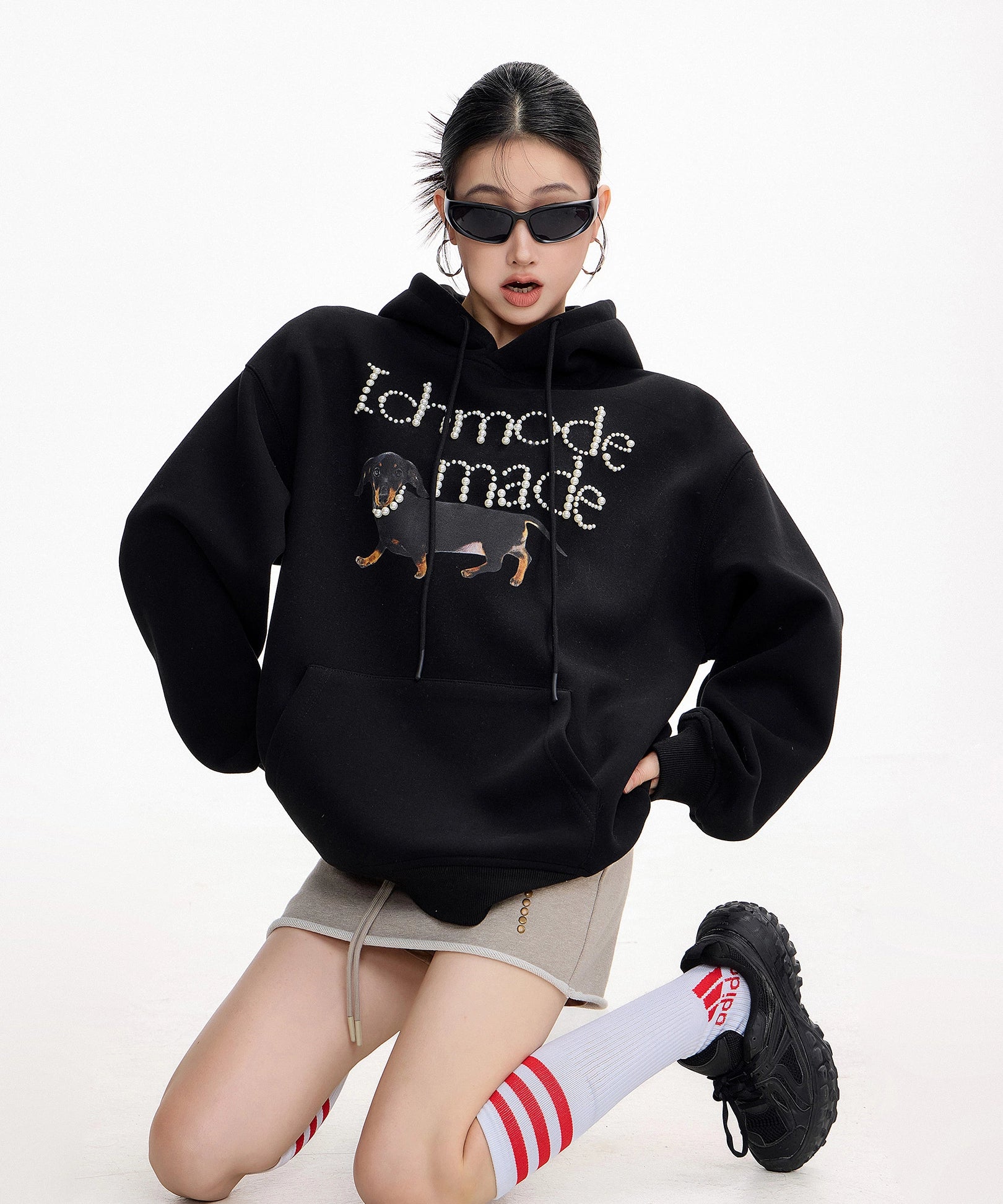 ICH MODE 美式复古珍珠连帽卫衣女秋冬新款宽松休闲百搭上衣外套