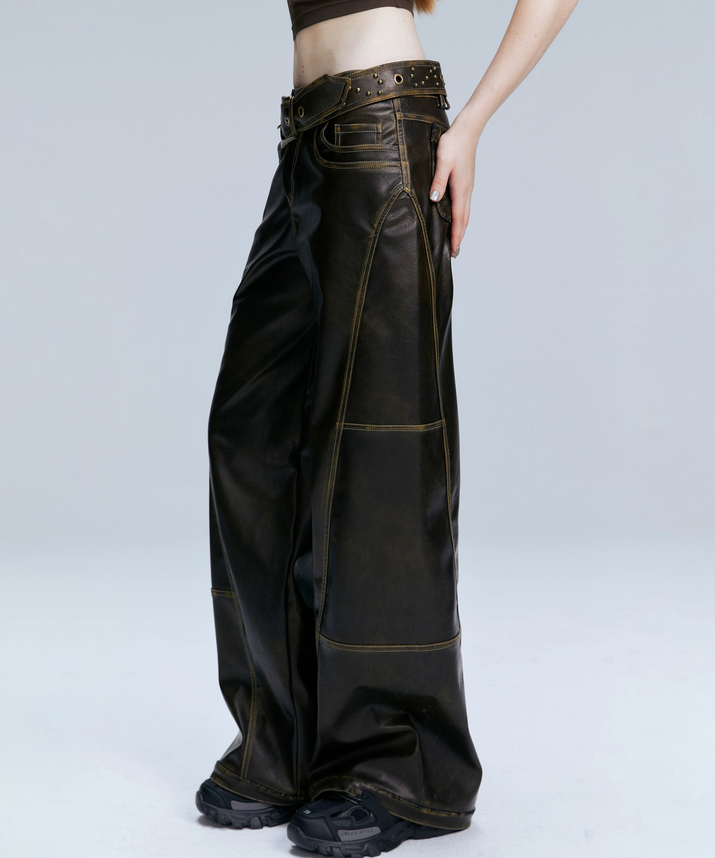 2th Desire原创复古棕色宽松百搭直筒裤子美式长裤低腰pu皮裤女