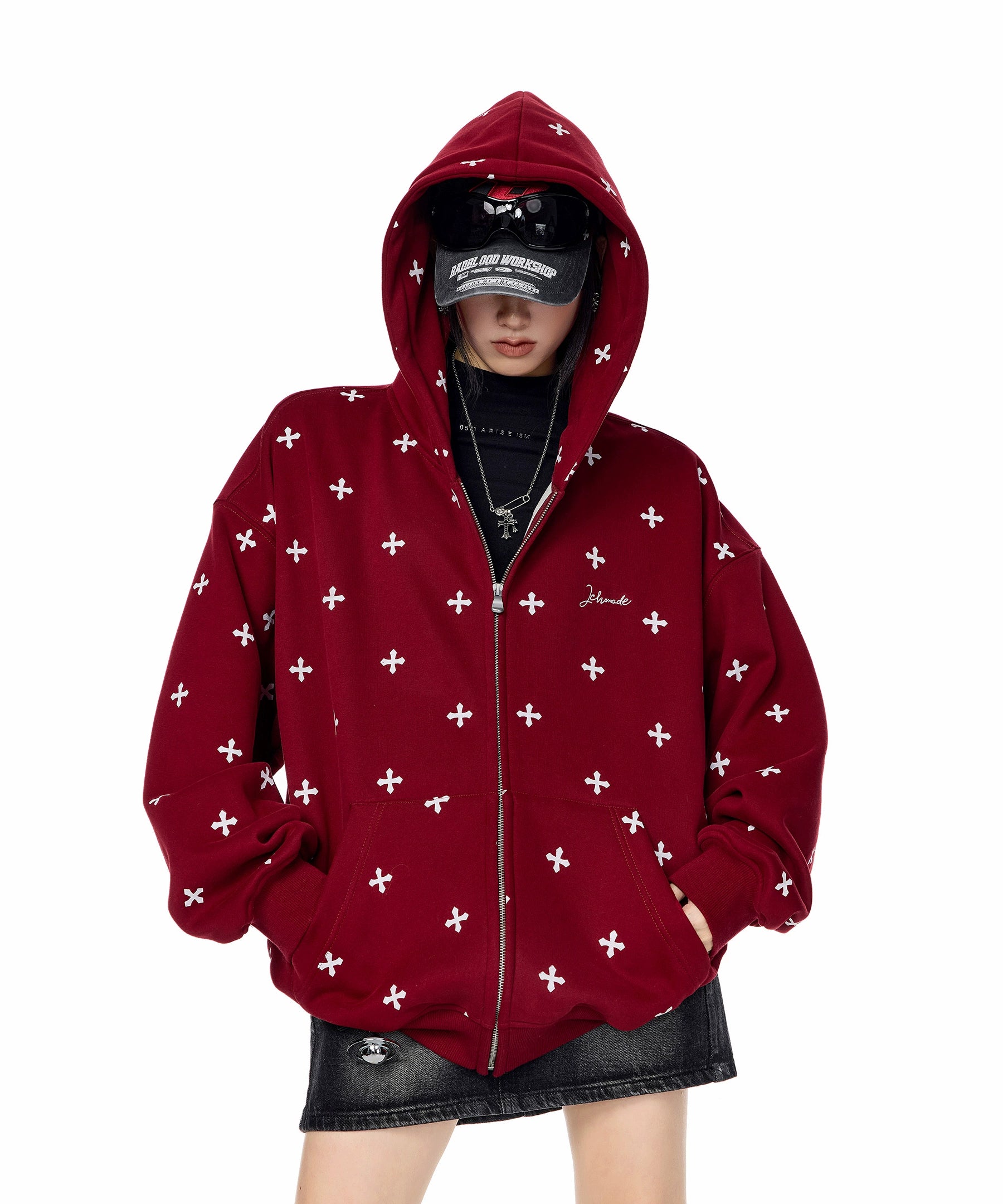 ICH MODE 美式哥特风十字架满印连帽卫衣外套女秋冬拉链开衫上衣