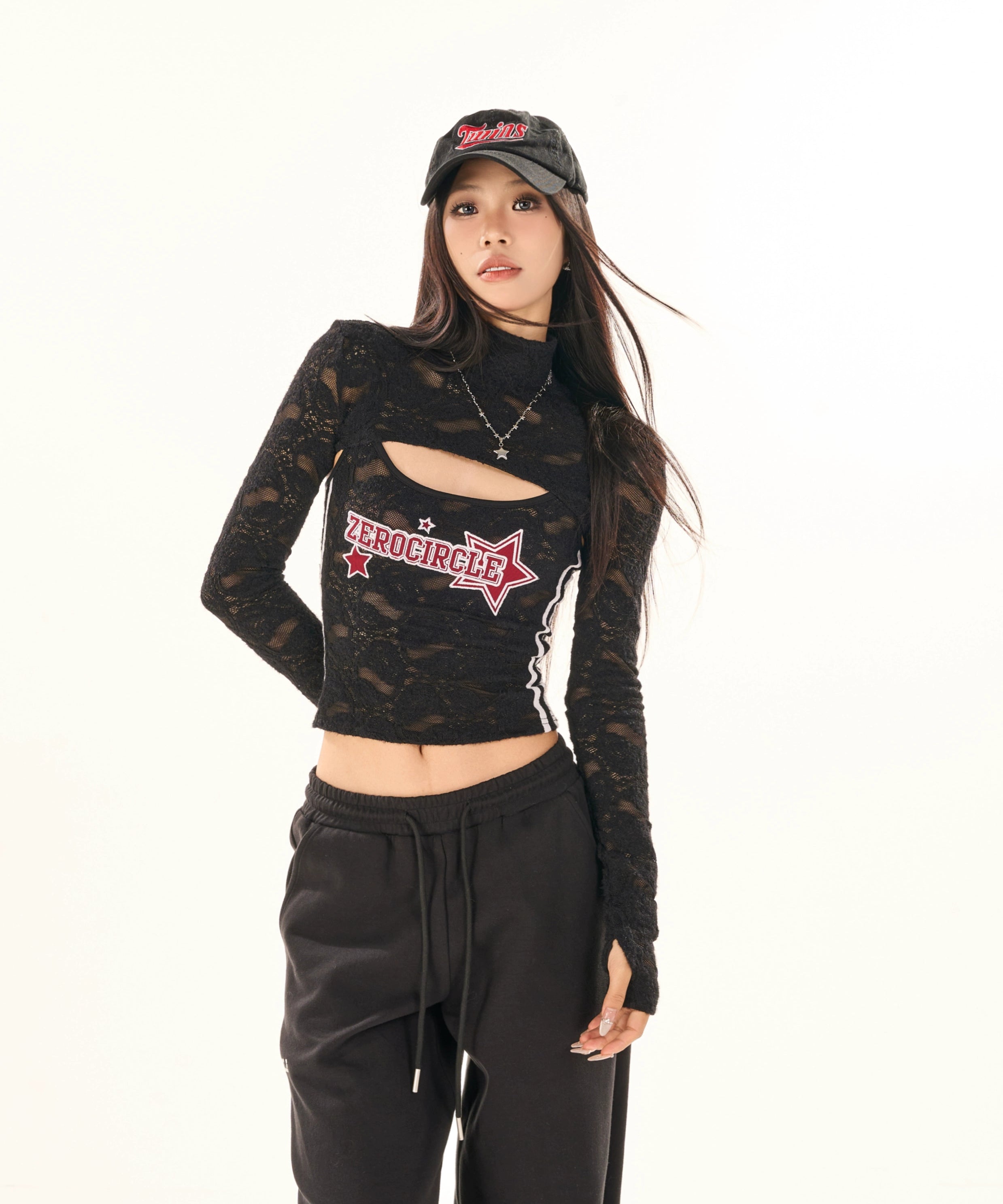 野生zerocircle黑色吊带两件套女春季辣妹修身显瘦半高领蕾丝上衣