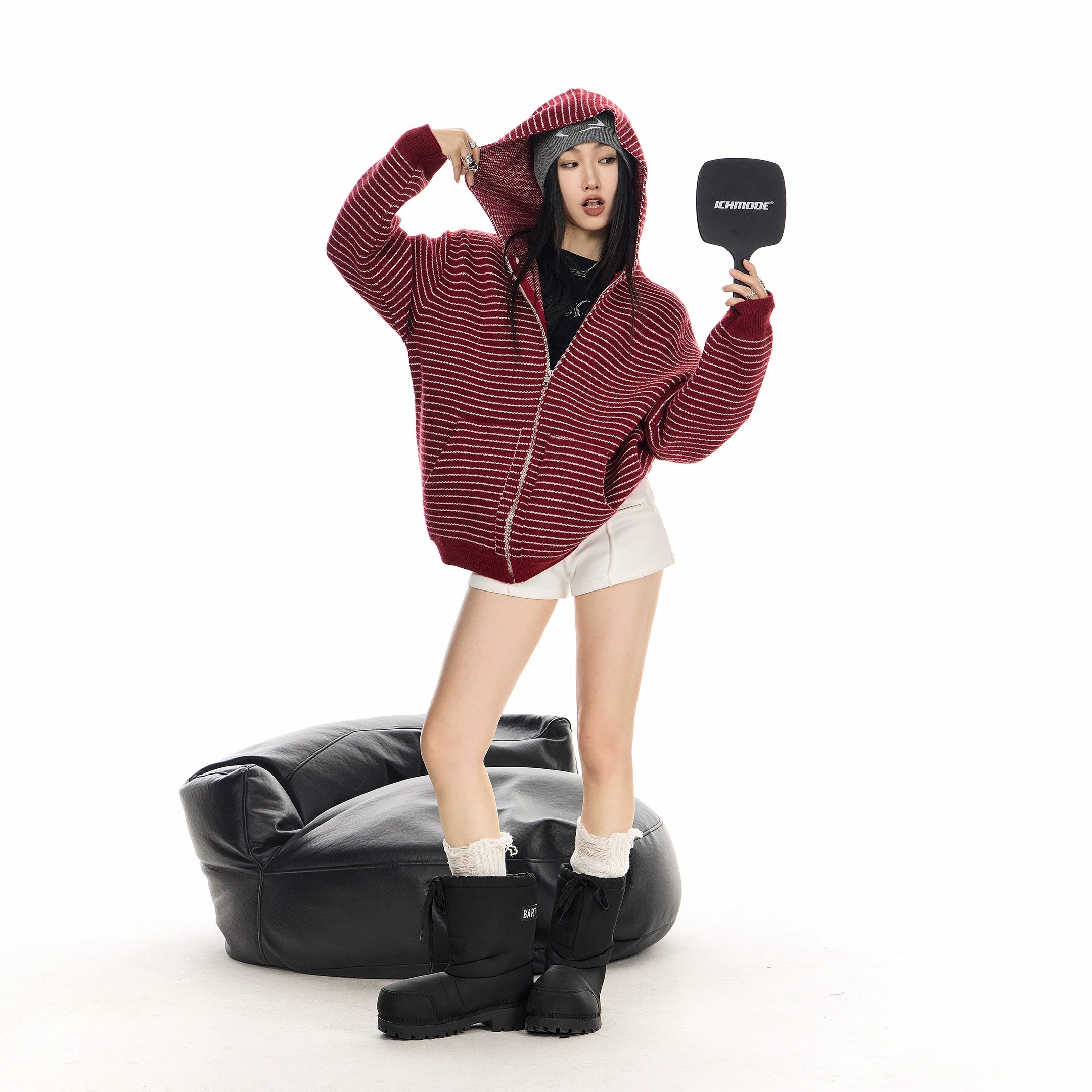 ICH MODE 美式复古条纹连帽针织开衫女2025新款秋冬外搭毛衣外套