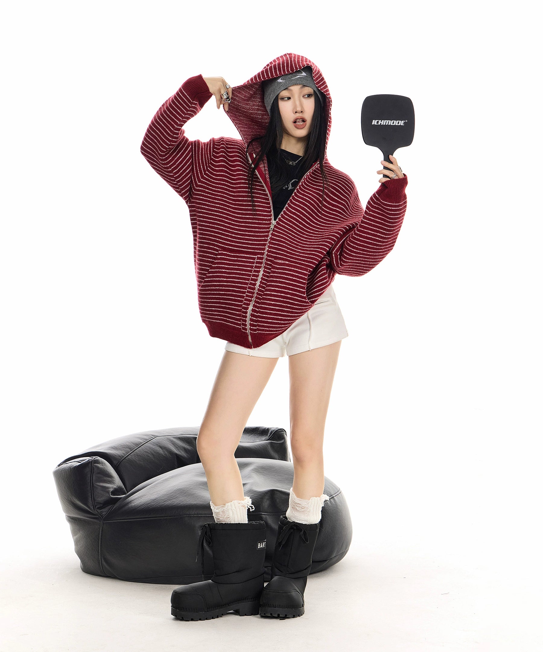 ICH MODE 美式复古条纹连帽毛针织开衫女秋冬季外搭宽松毛衣外套