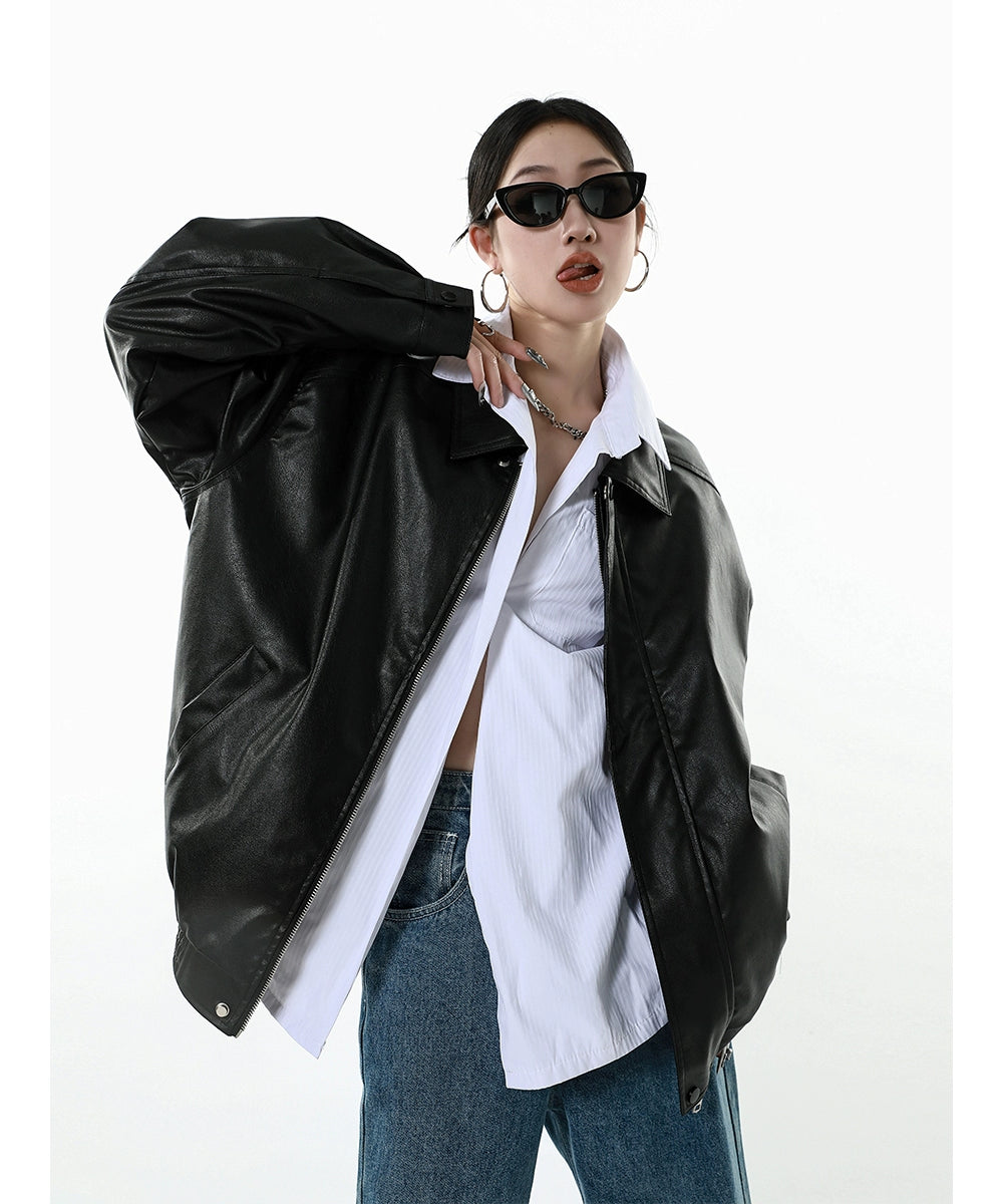 ICH MODE 美式复古棕色皮衣外套女秋冬美拉德皮夹克开衫上衣新款