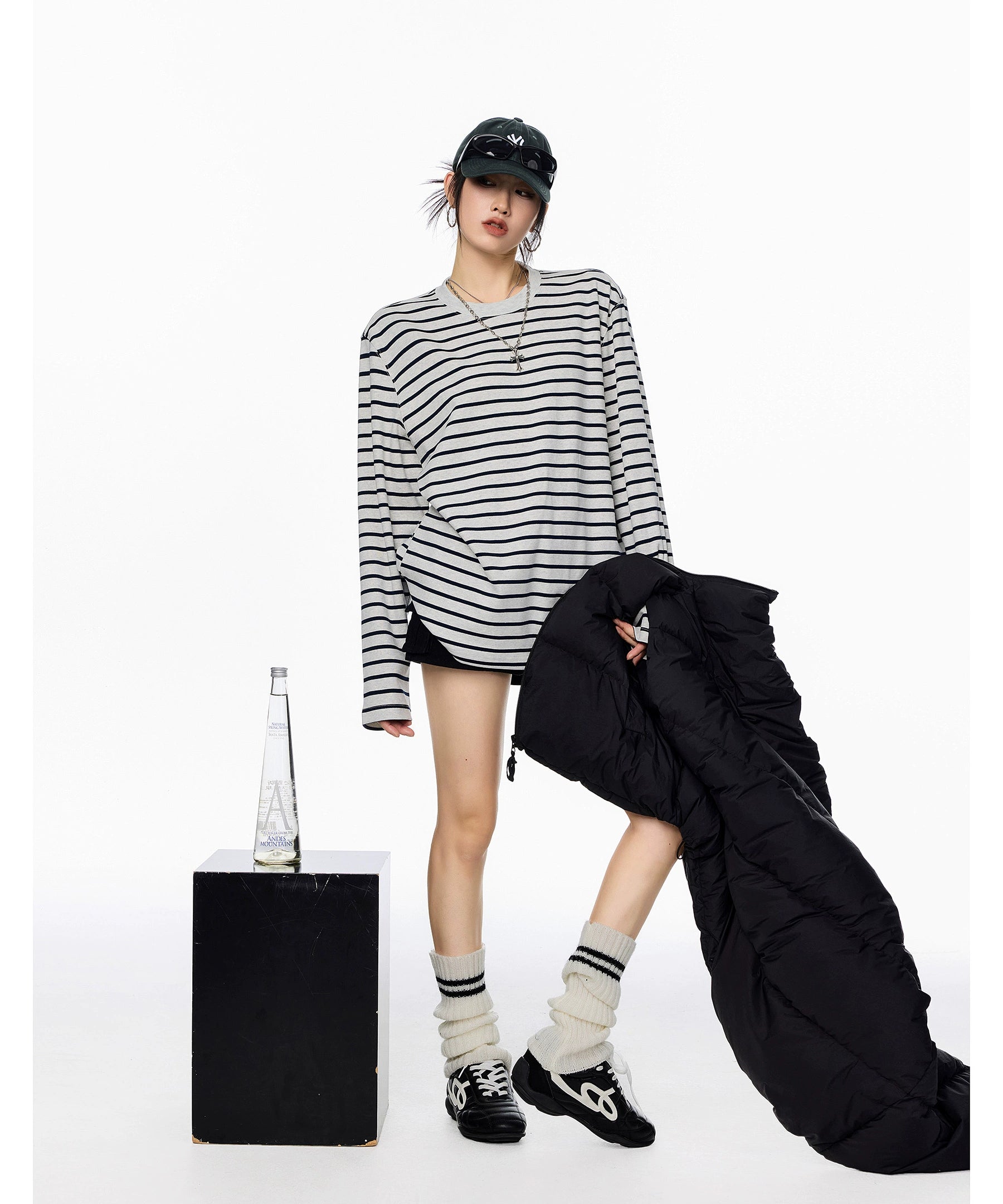 ICH MODE 美式复古圆领条纹长袖T恤女秋冬休闲百搭宽松打底上衣t