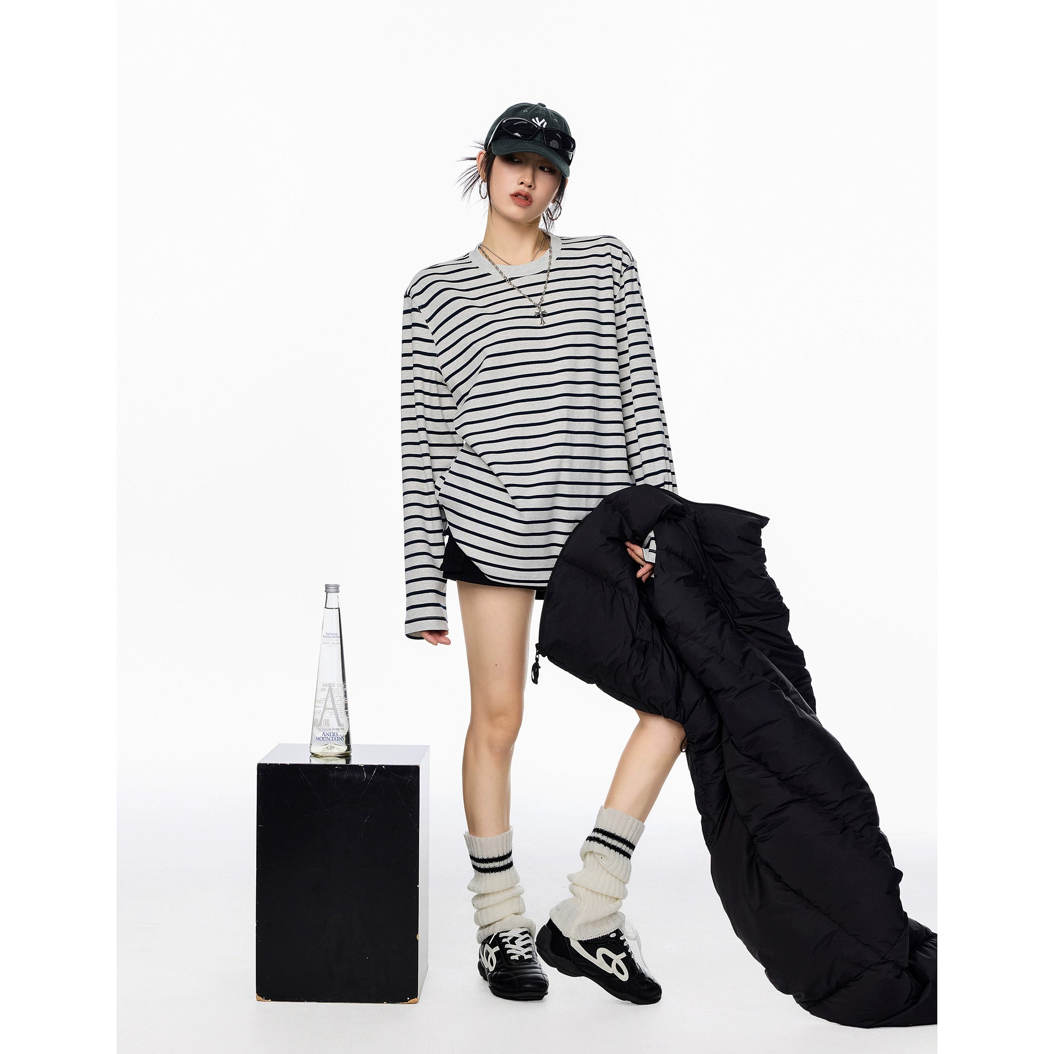 ICH MODE 美式复古圆领条纹长袖T恤女秋冬休闲百搭宽松打底上衣t