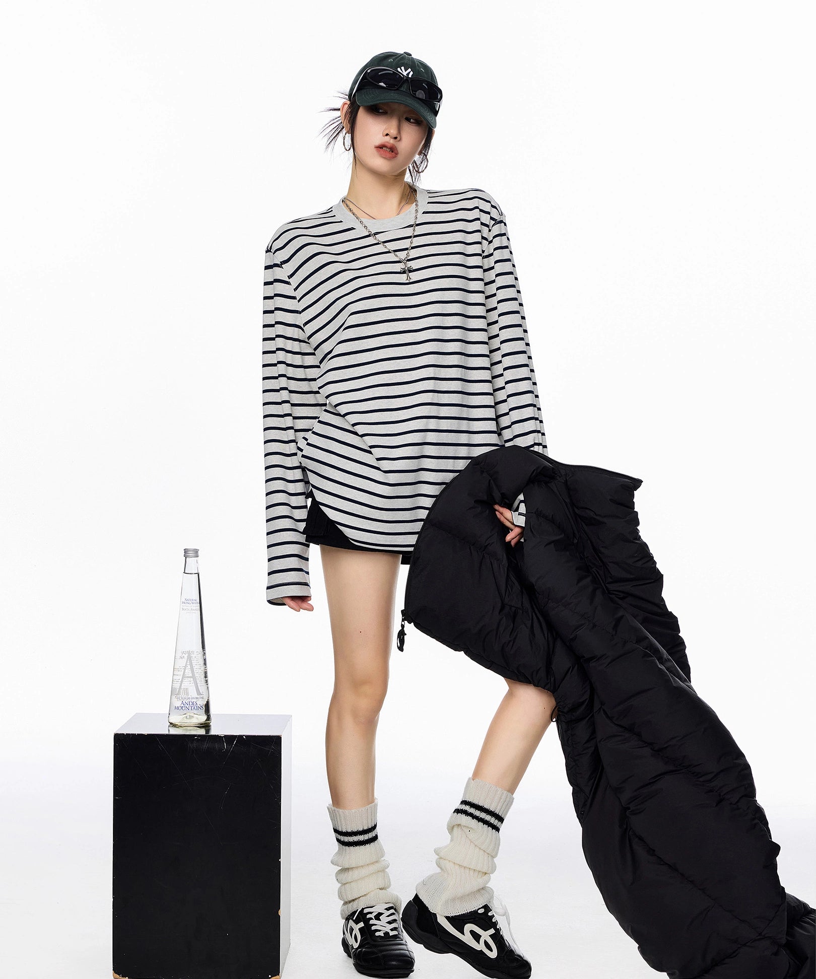 ICH MODE 美式复古圆领条纹长袖T恤女秋冬休闲百搭宽松打底上衣t